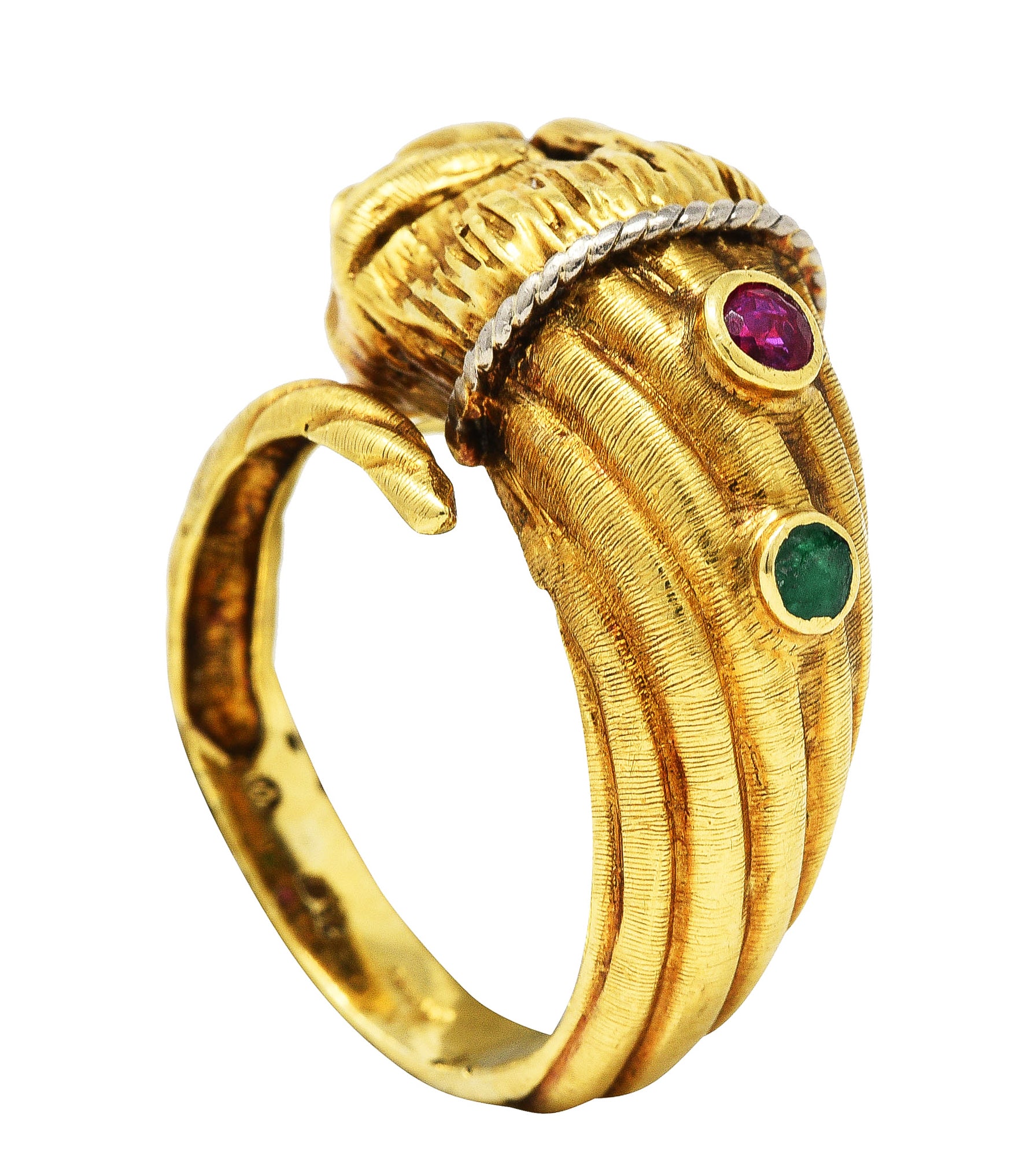 Vintage Lalaounis Ruby Emerald 18 Karat Two-Tone Gold Greek Lion Head Bypass RingRing - Wilson's Estate Jewelry