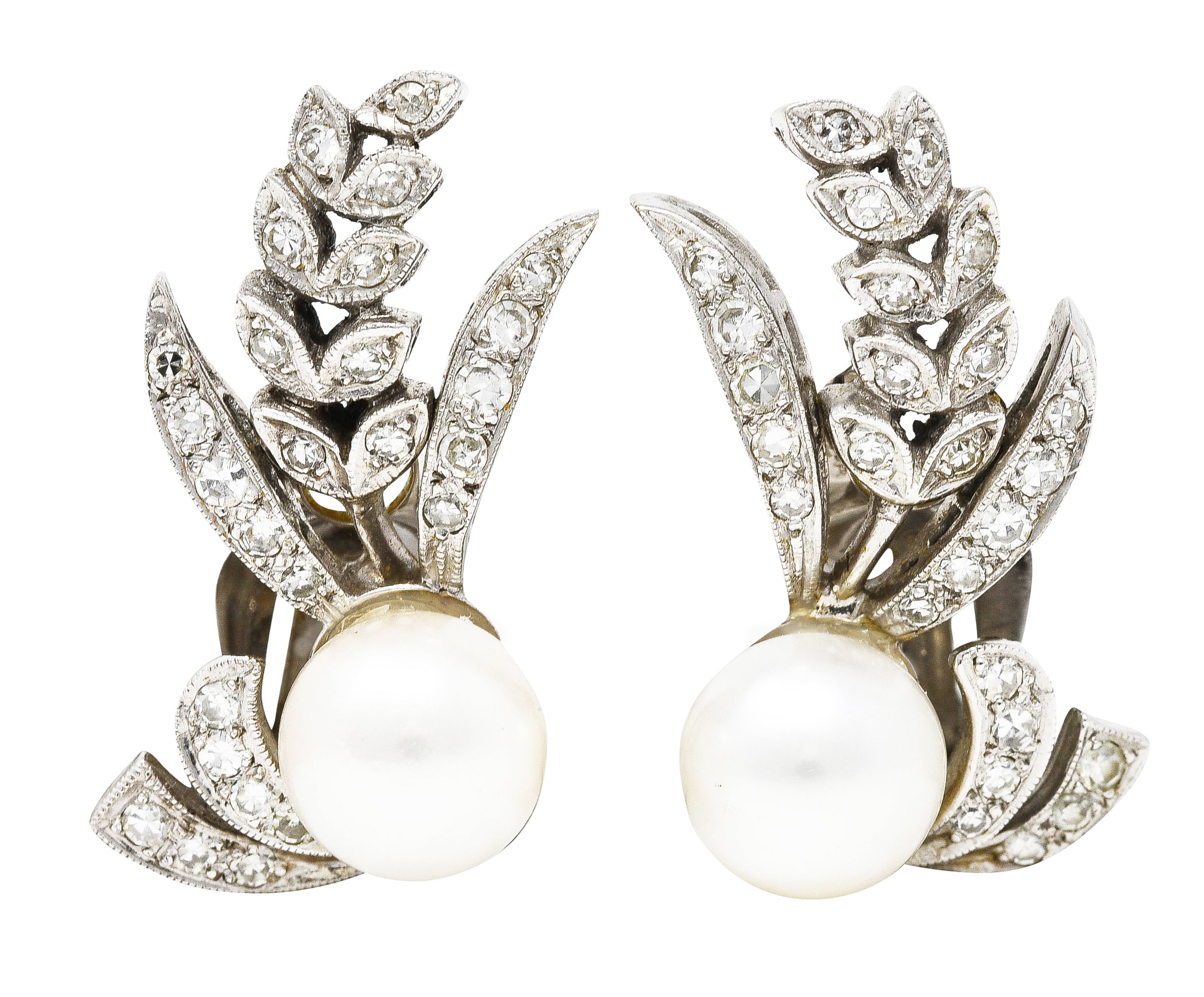 Mid-Century Pearl Diamond 14 Karat White Gold Foliate Ear-Clip Earrings Wilson's Estate Jewelry