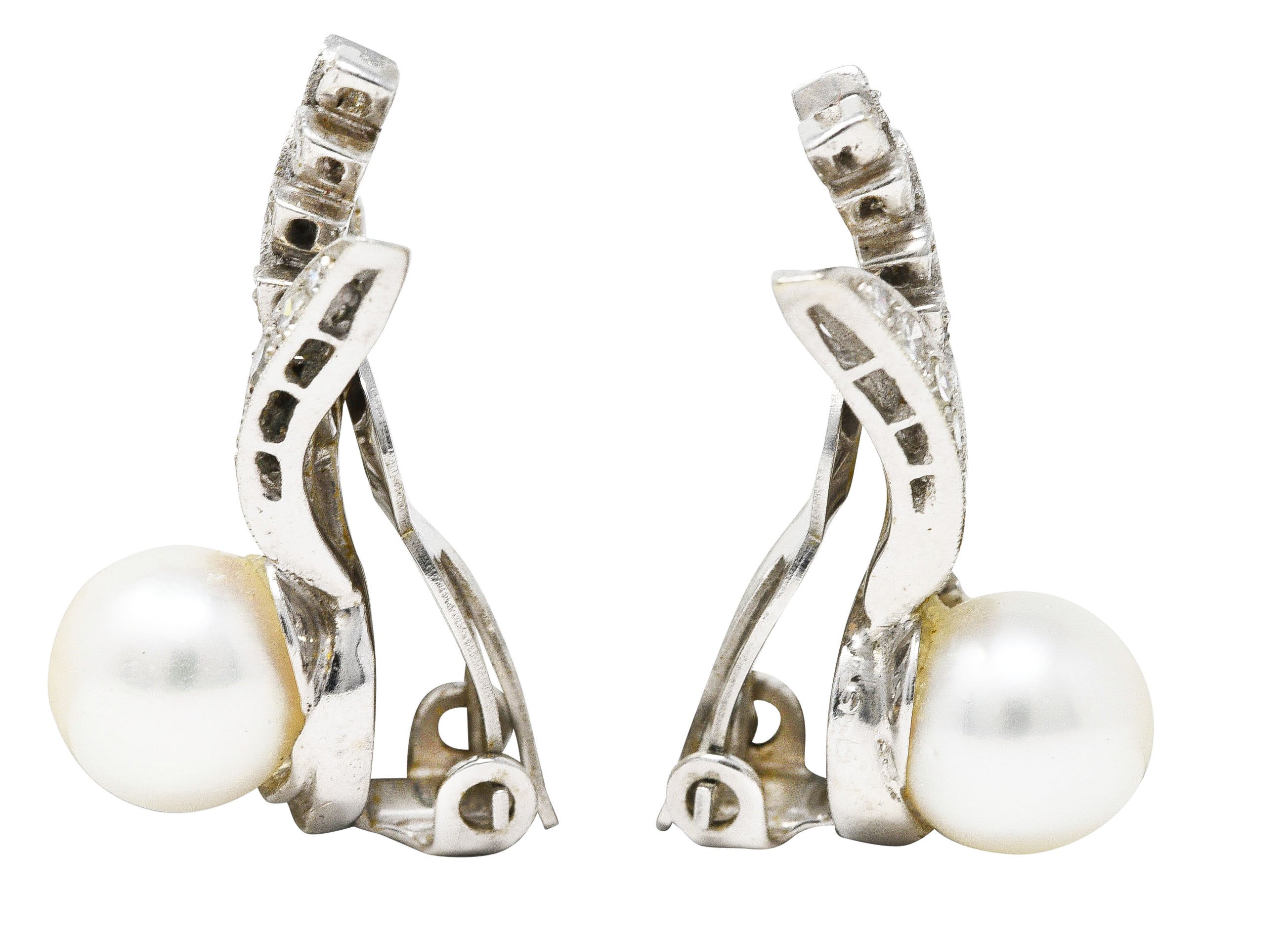 Mid-Century Pearl Diamond 14 Karat White Gold Foliate Ear-Clip Earrings Wilson's Estate Jewelry