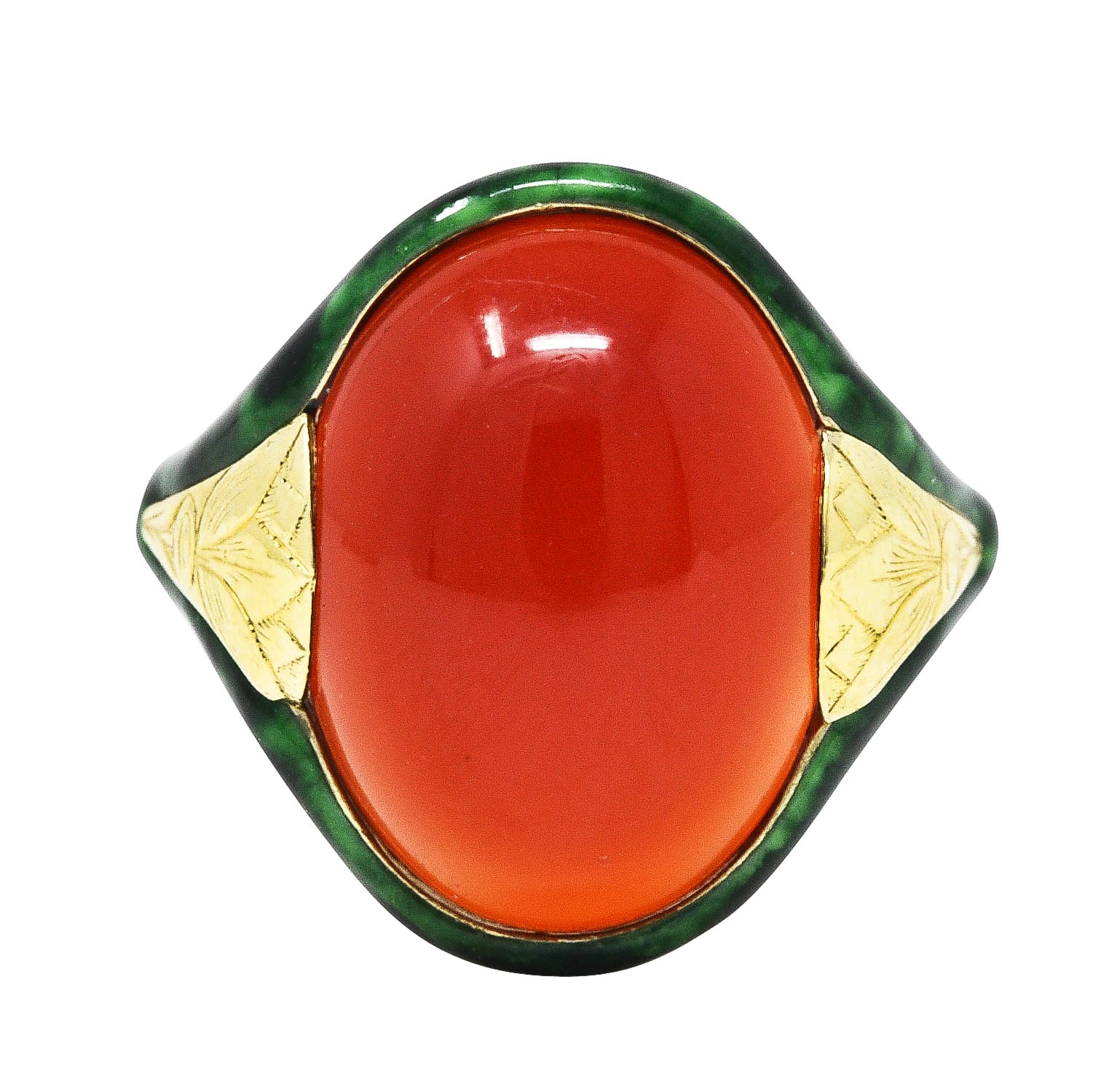 Egyptian Revival Art Deco Carnelian Enamel 14 Karat Gold Lotus RingRing - Wilson's Estate Jewelry