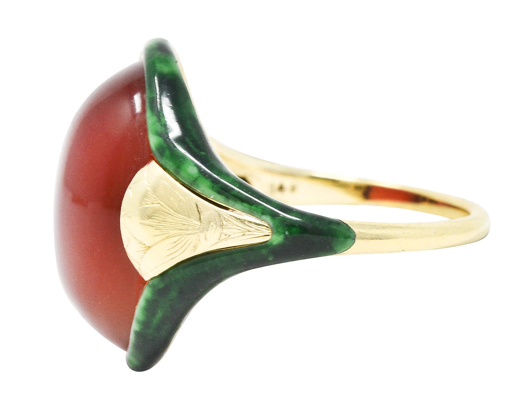 Egyptian Revival Art Deco Carnelian Enamel 14 Karat Gold Lotus RingRing - Wilson's Estate Jewelry