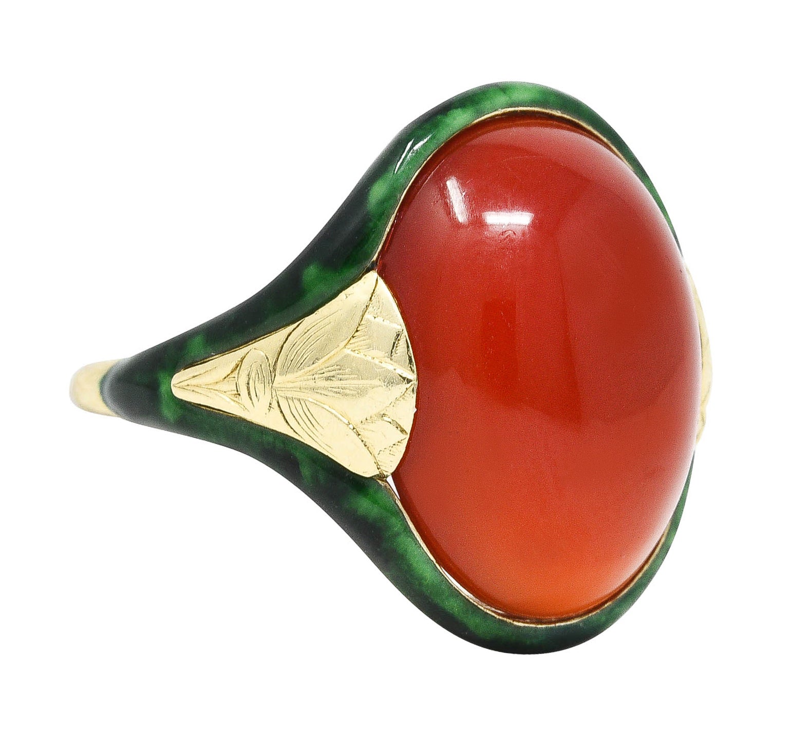 Egyptian Revival Art Deco Carnelian Enamel 14 Karat Gold Lotus RingRing - Wilson's Estate Jewelry