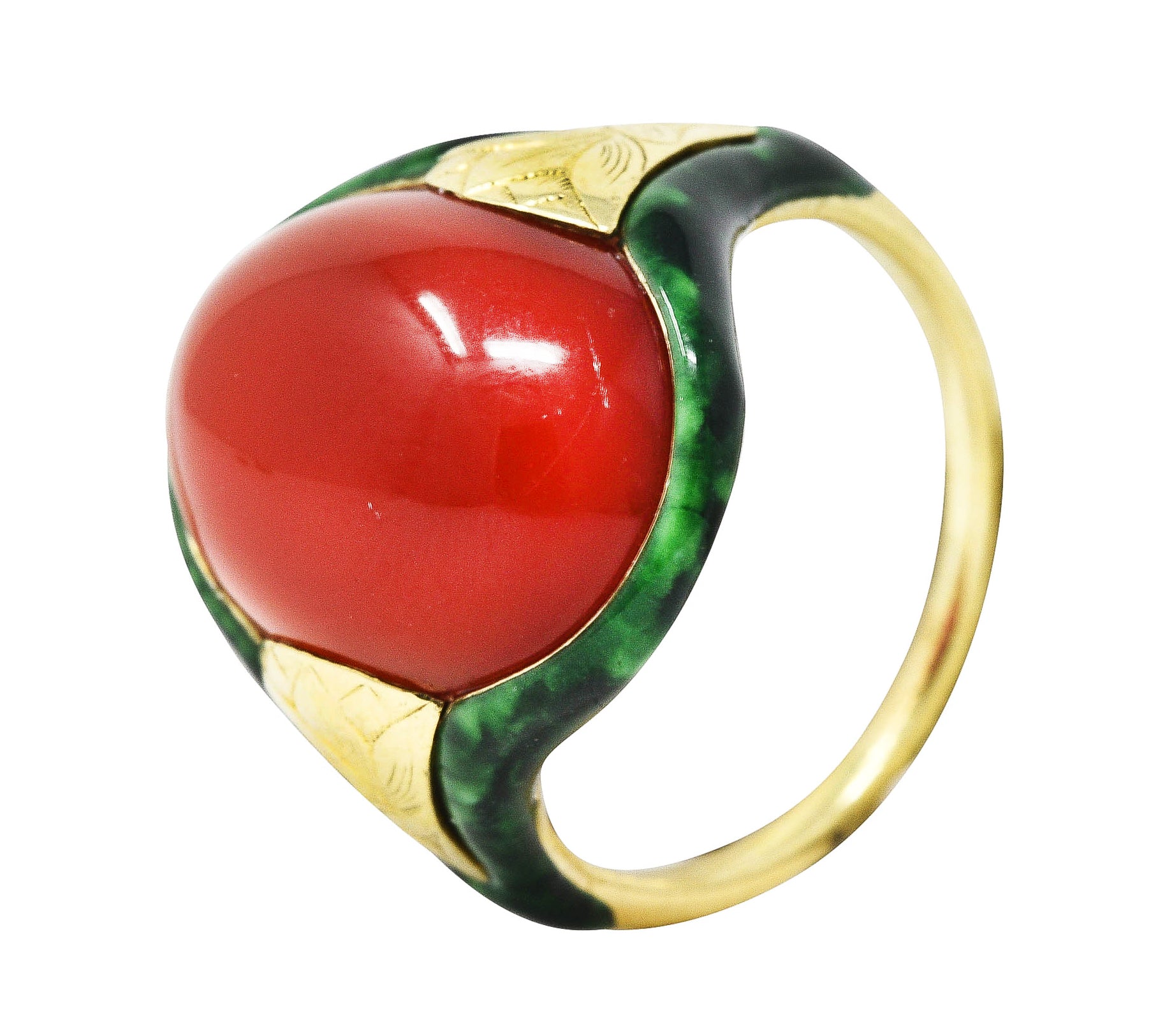 Egyptian Revival Art Deco Carnelian Enamel 14 Karat Gold Lotus RingRing - Wilson's Estate Jewelry