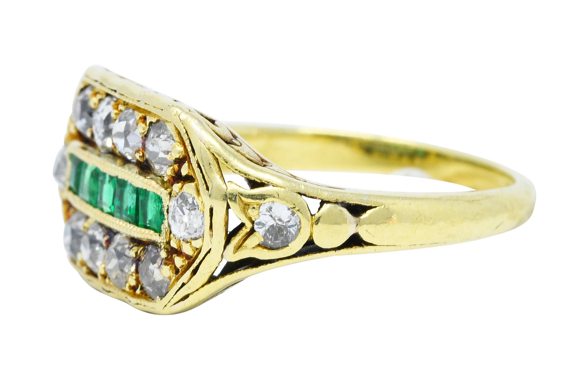 Arts and Crafts Emerald Diamond 18 Karat Green Gold Laurel Band RingRing - Wilson's Estate Jewelry