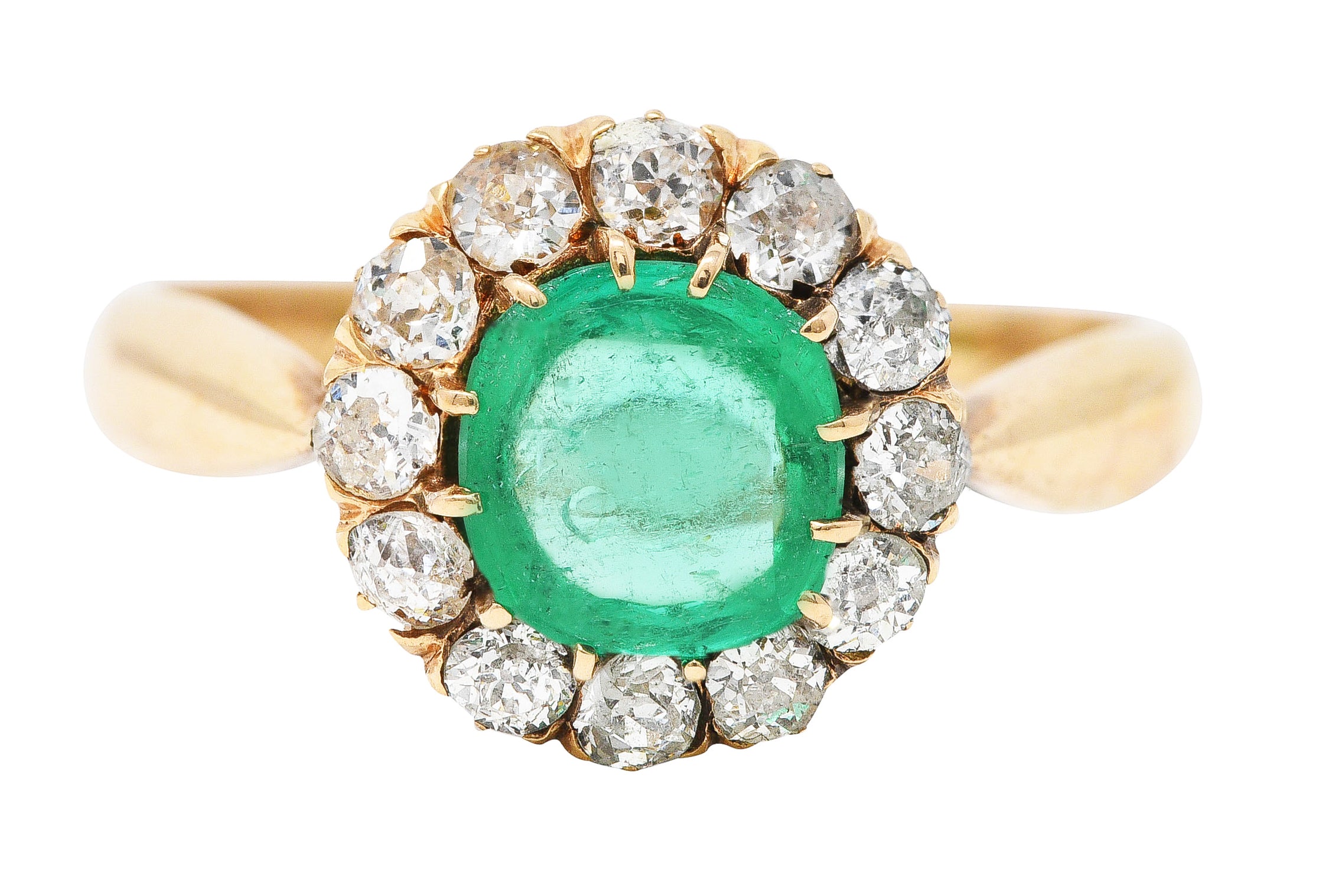 Victorian 1.33 CTW Cushion Cut Emerald Old Mine Cut Diamond 14 Karat Yellow Gold Antique Ring Wilson's Estate Jewelry