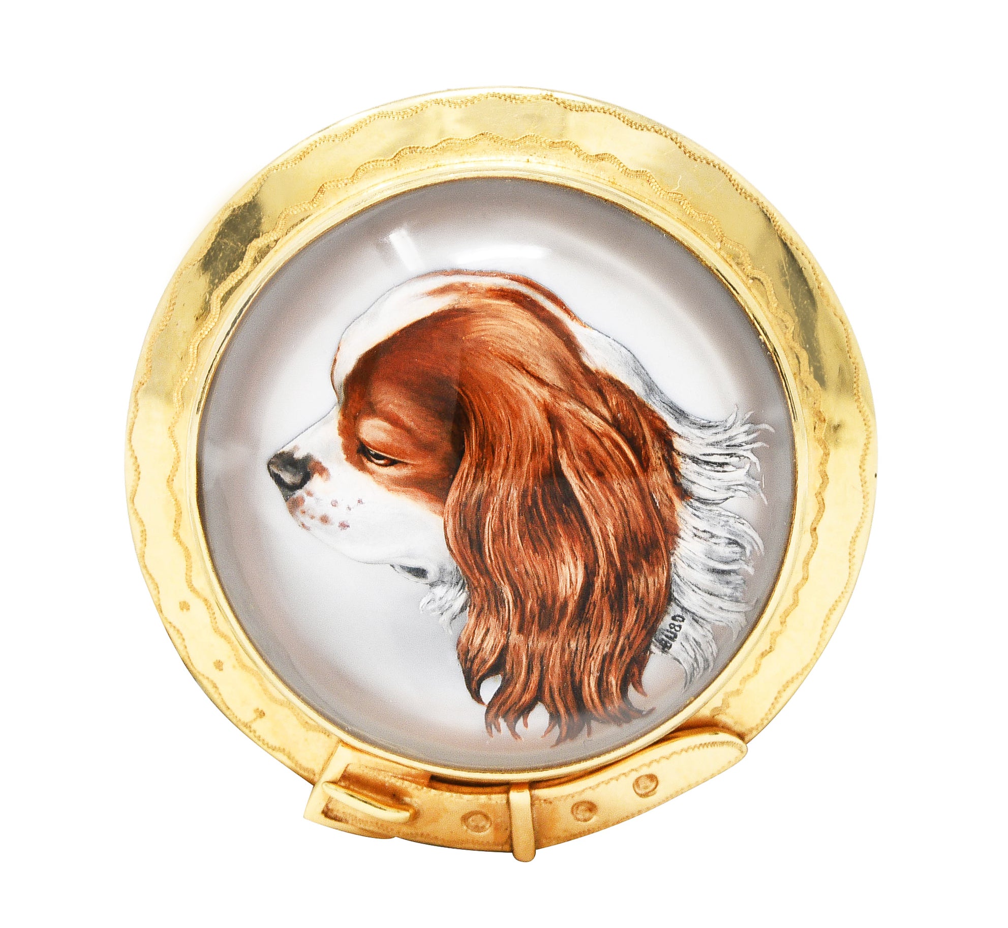 Raymond Yard Victorian Mother-Of-Pearl Painted Essex Crystal 18 Karat Yellow Gold King Charles Spaniel Buckle Antique Pendant Brooch Wilson's Estate Jewelry