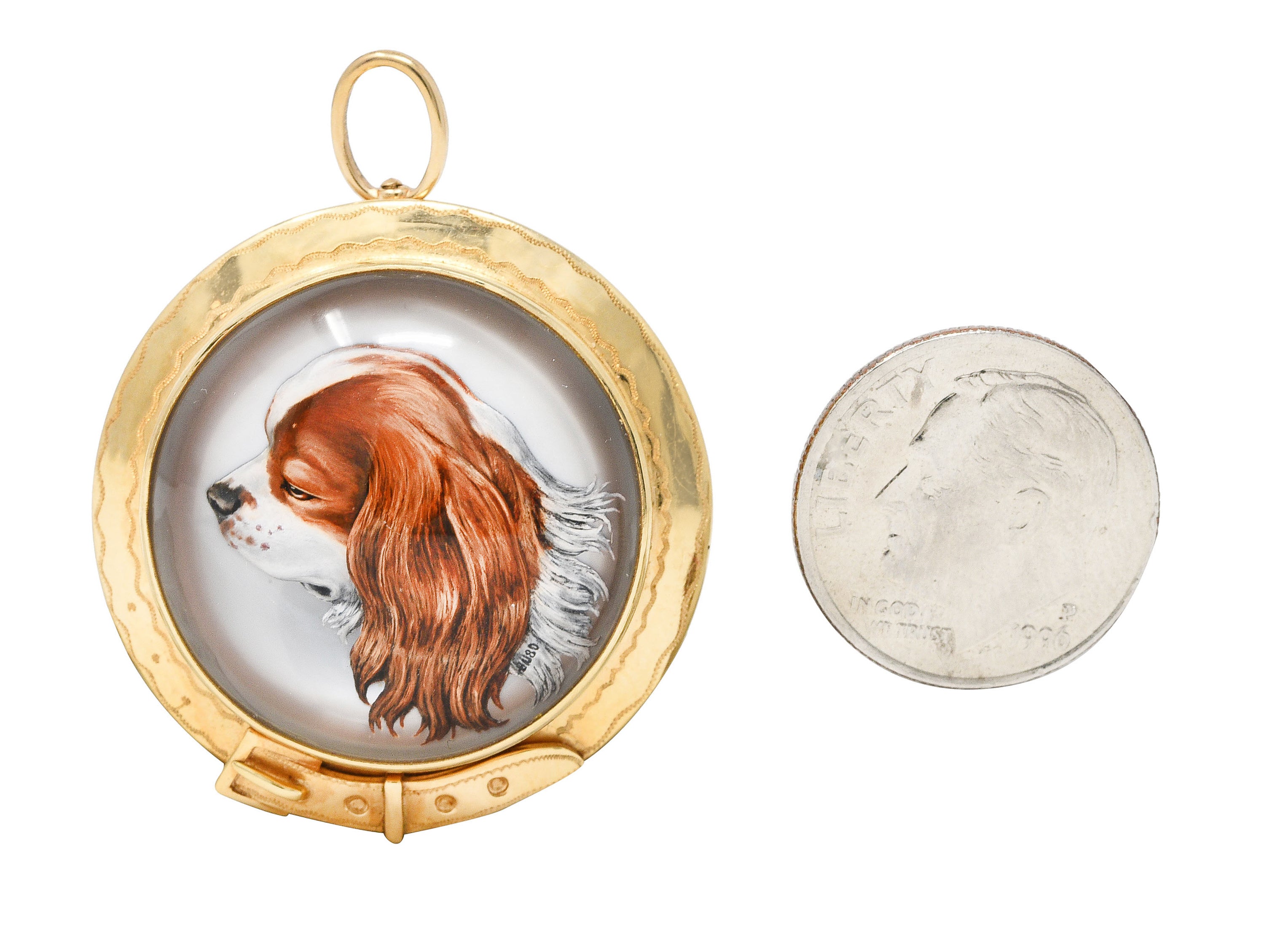 Raymond Yard Victorian Mother-Of-Pearl Painted Essex Crystal 18 Karat Yellow Gold King Charles Spaniel Buckle Antique Pendant Brooch Wilson's Estate Jewelry