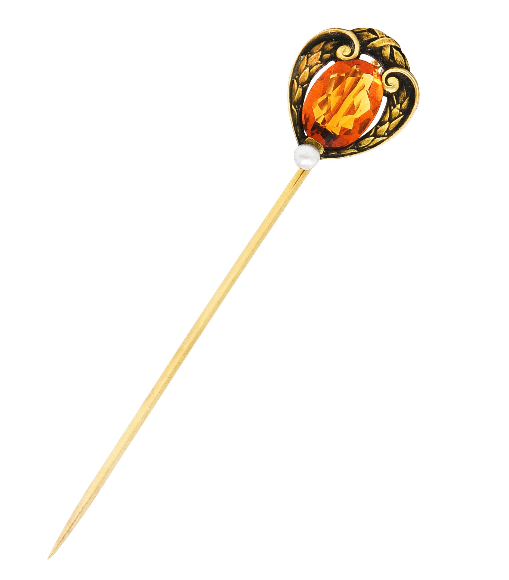 1900 Brassler Co. Citrine Pearl 14 Karat Yellow Gold Laurel Art Nouveau Antique Stickpin Wilson's Estate Jewelry