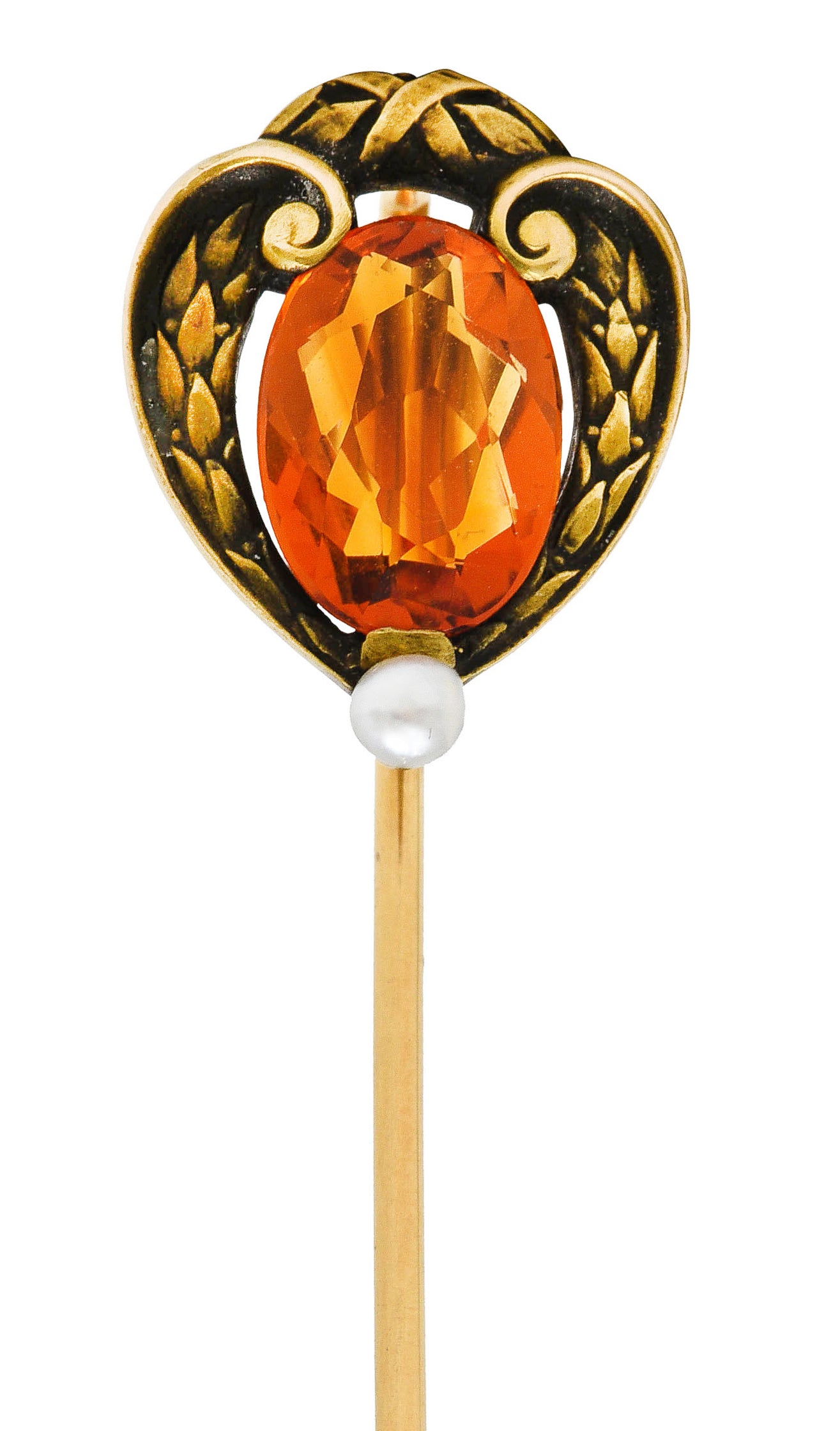 1900 Brassler Co. Citrine Pearl 14 Karat Yellow Gold Laurel Art Nouveau Antique Stickpin Wilson's Estate Jewelry