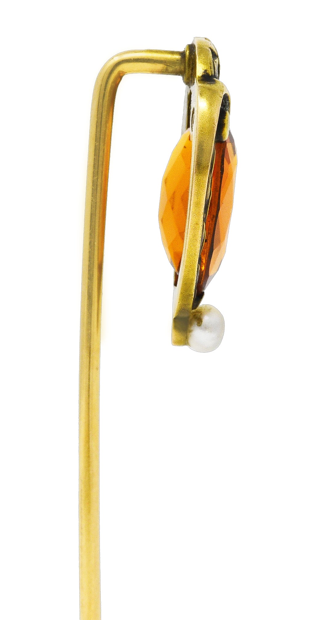 1900 Brassler Co. Citrine Pearl 14 Karat Yellow Gold Laurel Art Nouveau Antique Stickpin Wilson's Estate Jewelry