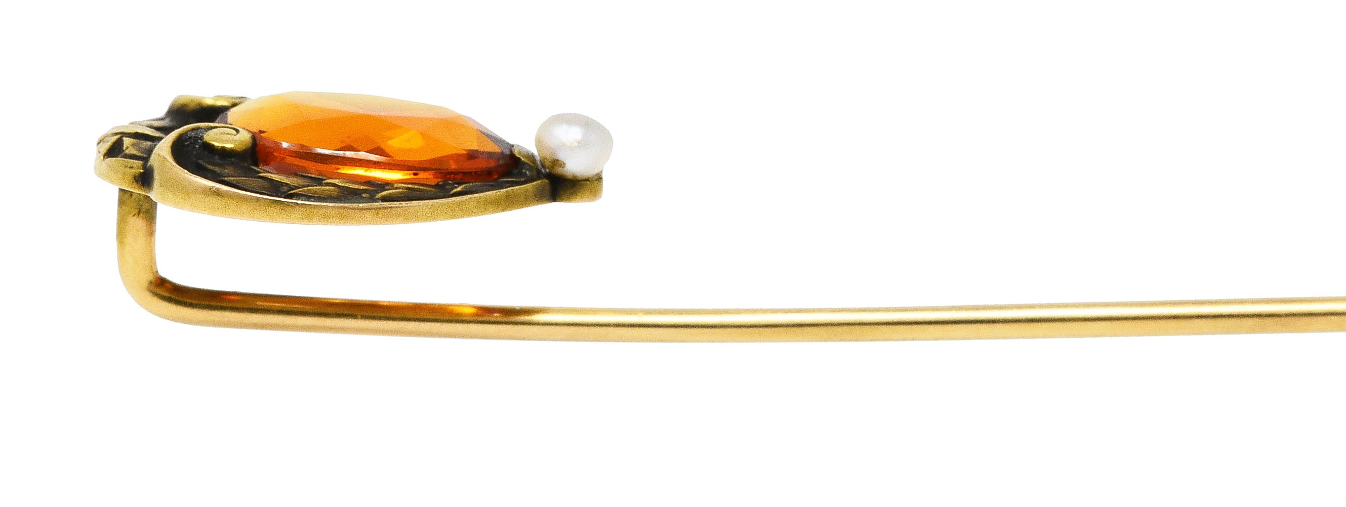 1900 Brassler Co. Citrine Pearl 14 Karat Yellow Gold Laurel Art Nouveau Antique Stickpin Wilson's Estate Jewelry