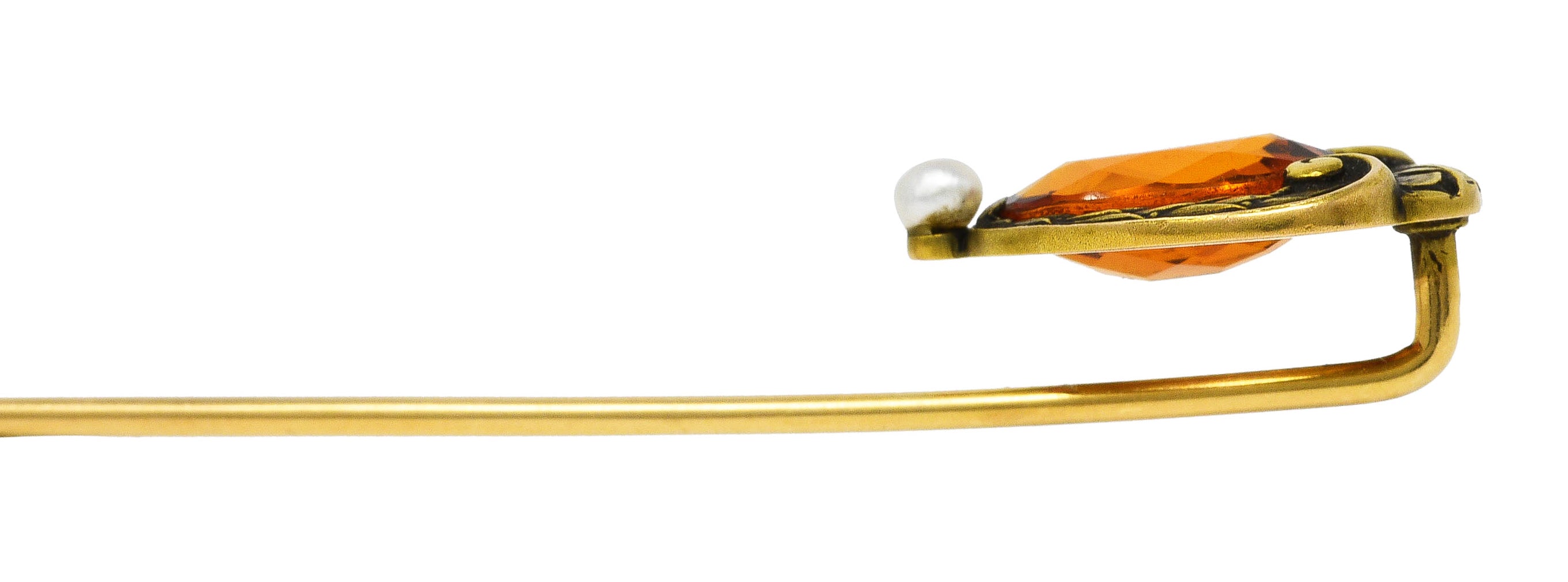 1900 Brassler Co. Citrine Pearl 14 Karat Yellow Gold Laurel Art Nouveau Antique Stickpin Wilson's Estate Jewelry