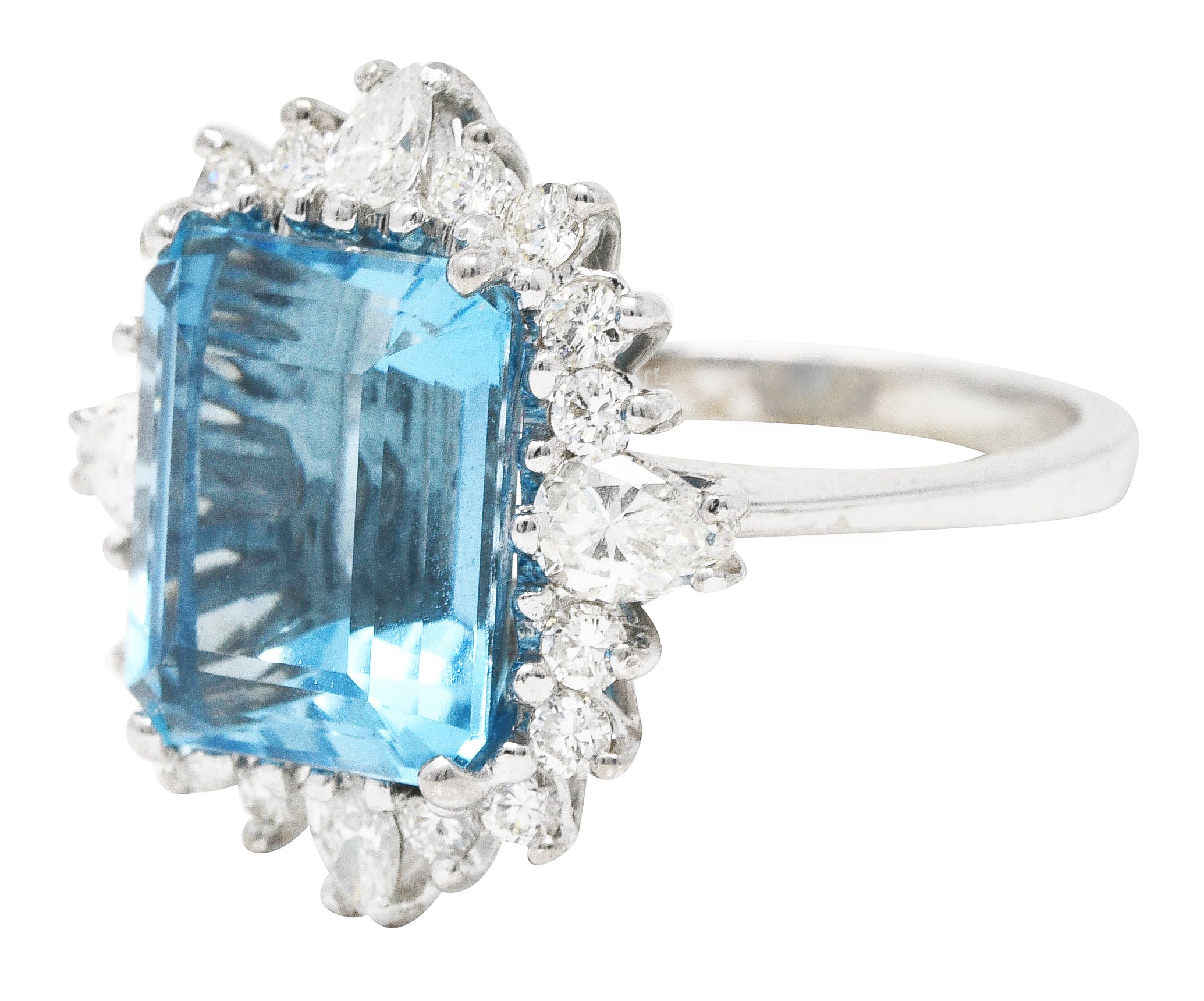 Vintage 8.05 CTW Aquamarine Diamond 14 Karat White Gold Cluster Ring Wilson's Estate Jewelry