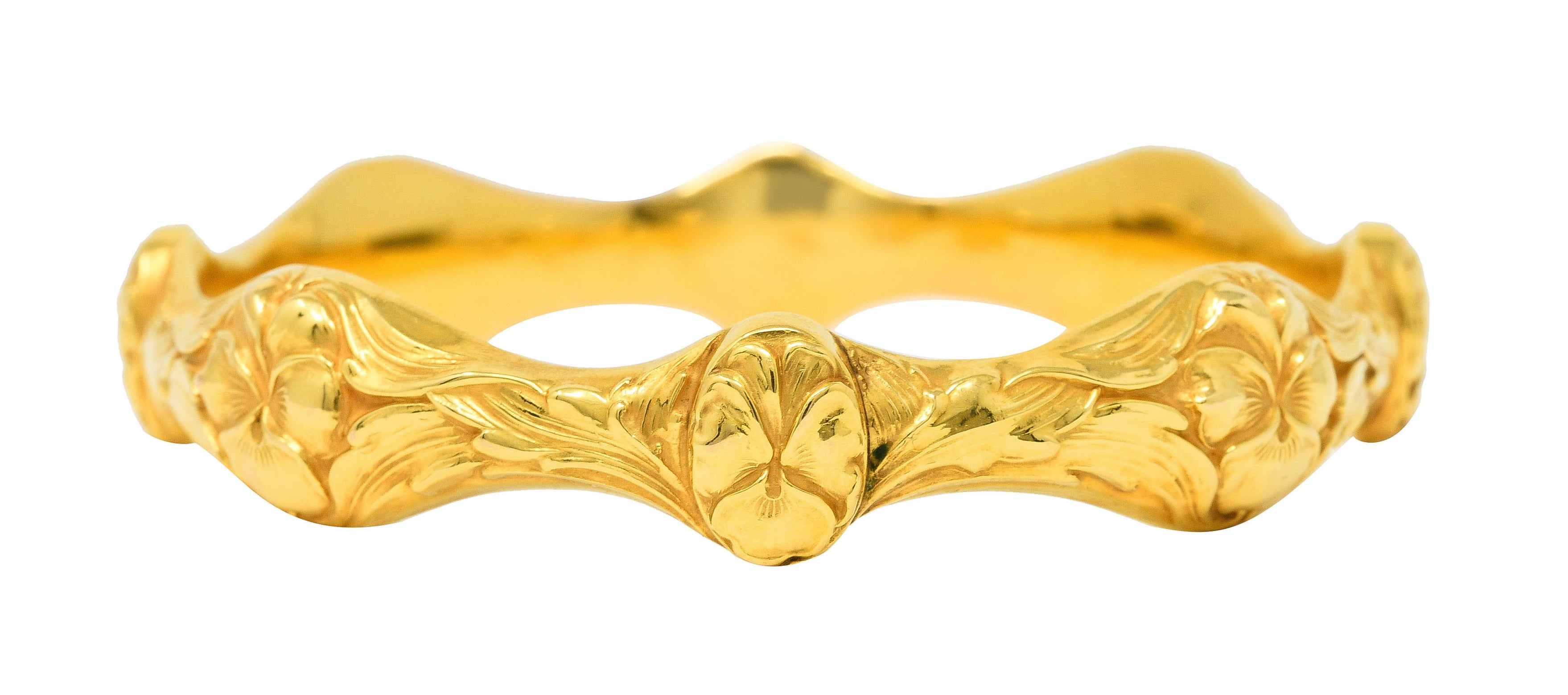 Art Nouveau 14 Karat Yellow Gold Pansy Flower Antique Bangle Bracelet Wilson's Estate Jewelry