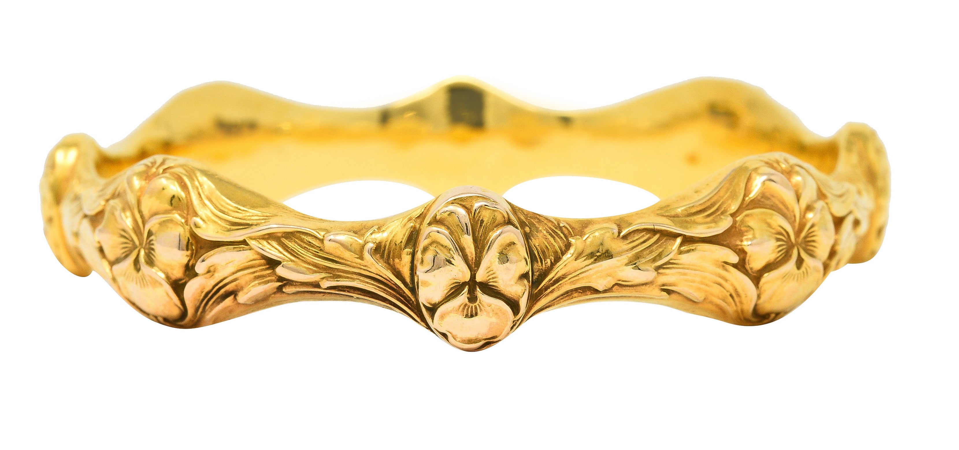 Art Nouveau 14 Karat Yellow Gold Pansy Flower Antique Bangle Bracelet Wilson's Estate Jewelry