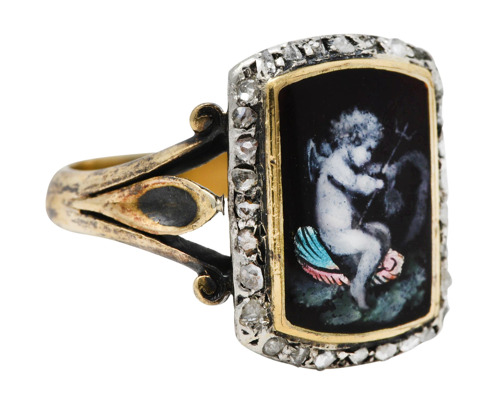 1850's Victorian Neoclassical Enamel Diamond Silver-Topped 18 Karat Gold Cupid Antique Ring Wilson's Estate Jewelry