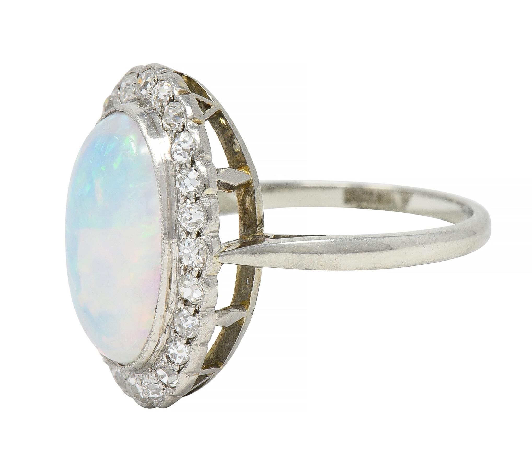 Opal Art Deco Jelly Opal Diamond Platinum 18 Karat Gold Vintage Halo Ring