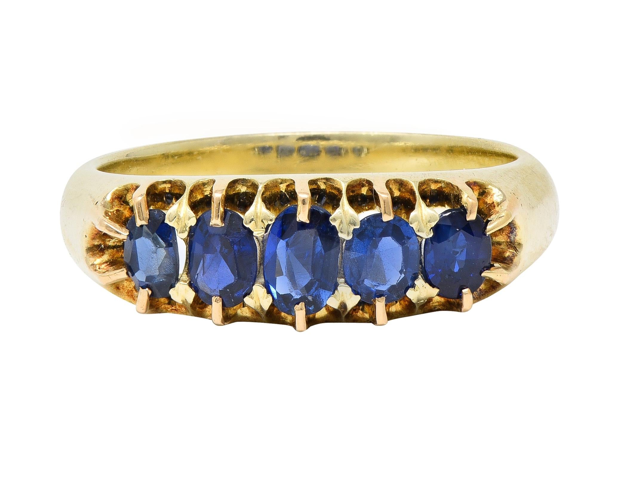 Victorian Antique Sapphire 14 Karat Yellow Gold Five Stone Foliate Band Ring