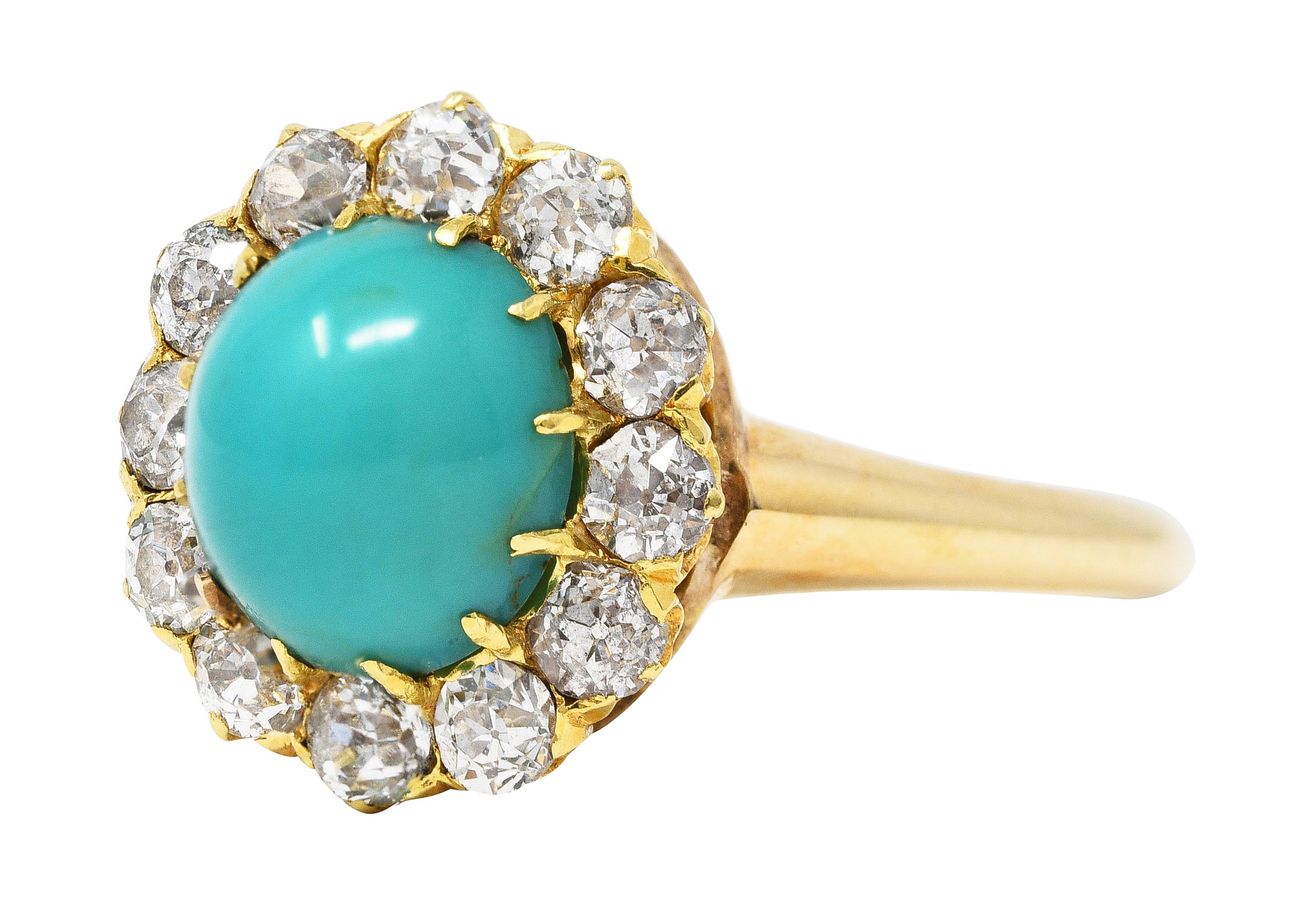 Victorian Old European Cut Diamond Turquoise 14 Karat Yellow Gold Antique Cluster Ring Wilson's Estate Jewelry