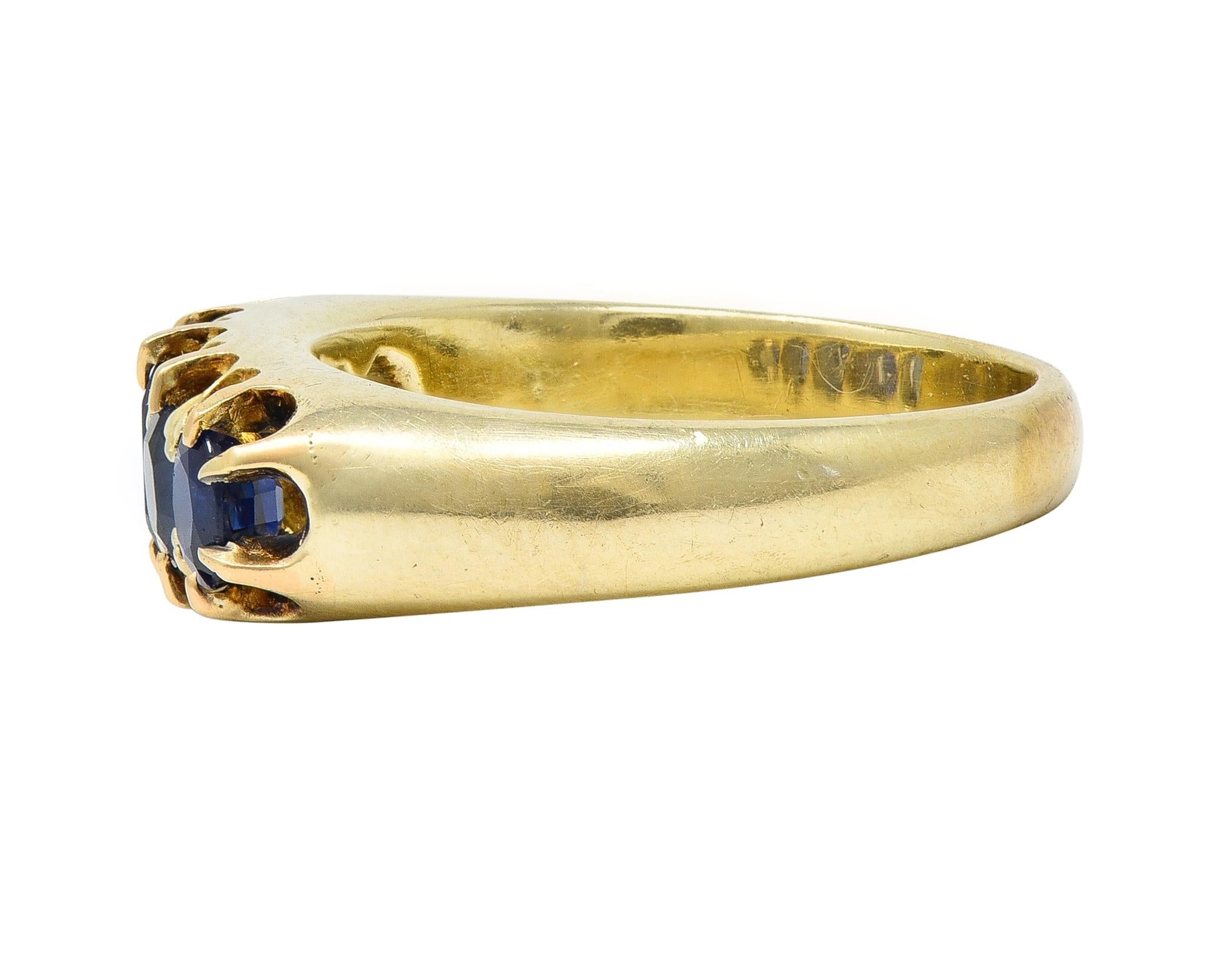 Victorian Antique Sapphire 14 Karat Yellow Gold Five Stone Foliate Band Ring