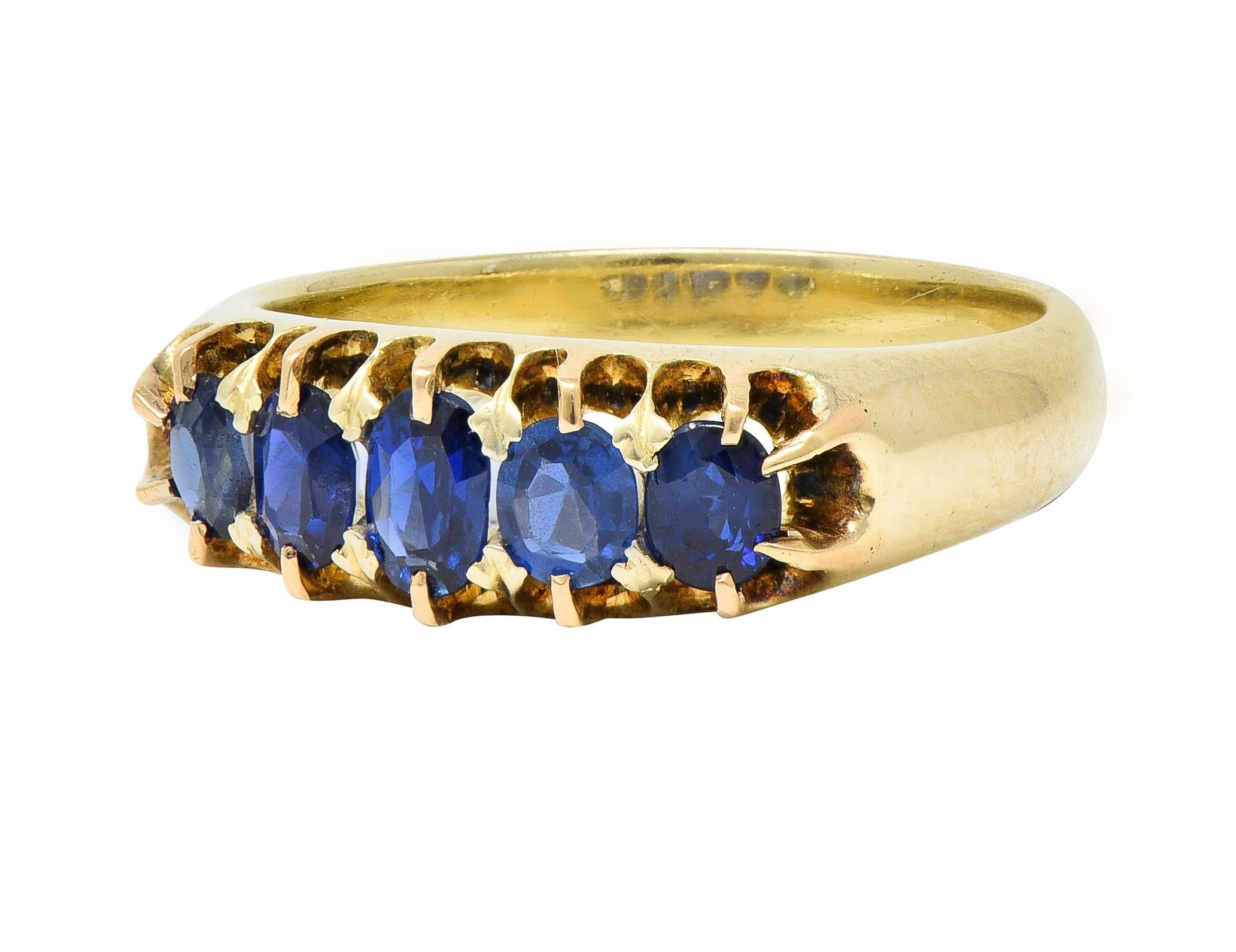 Victorian Antique Sapphire 14 Karat Yellow Gold Five Stone Foliate Band Ring