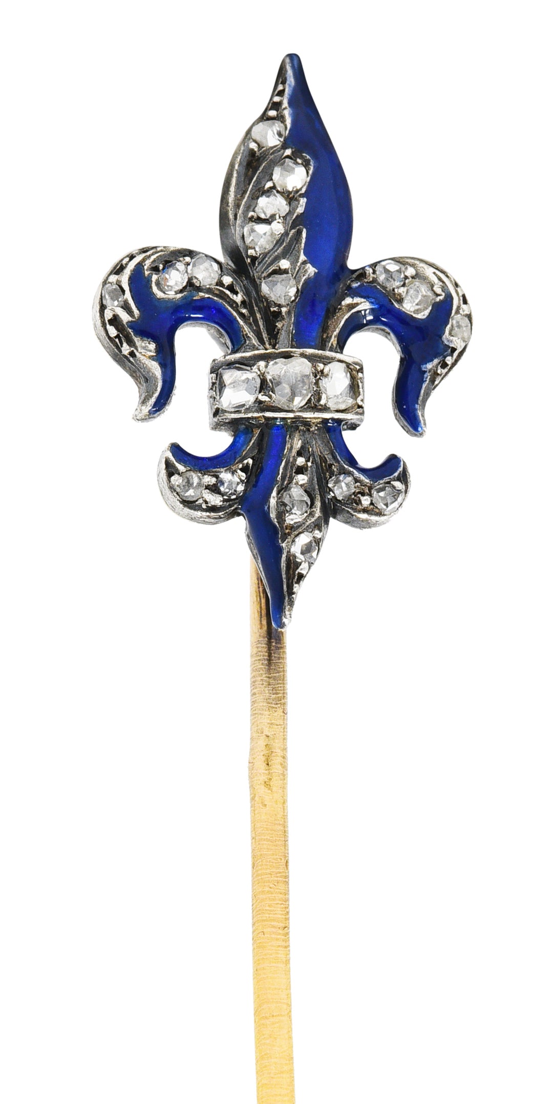 French Victorian Diamond Enamel Silver-Topped 18 Karat Gold Fleur-De-Lis Antique Stickpin Wilson's Estate Jewelry