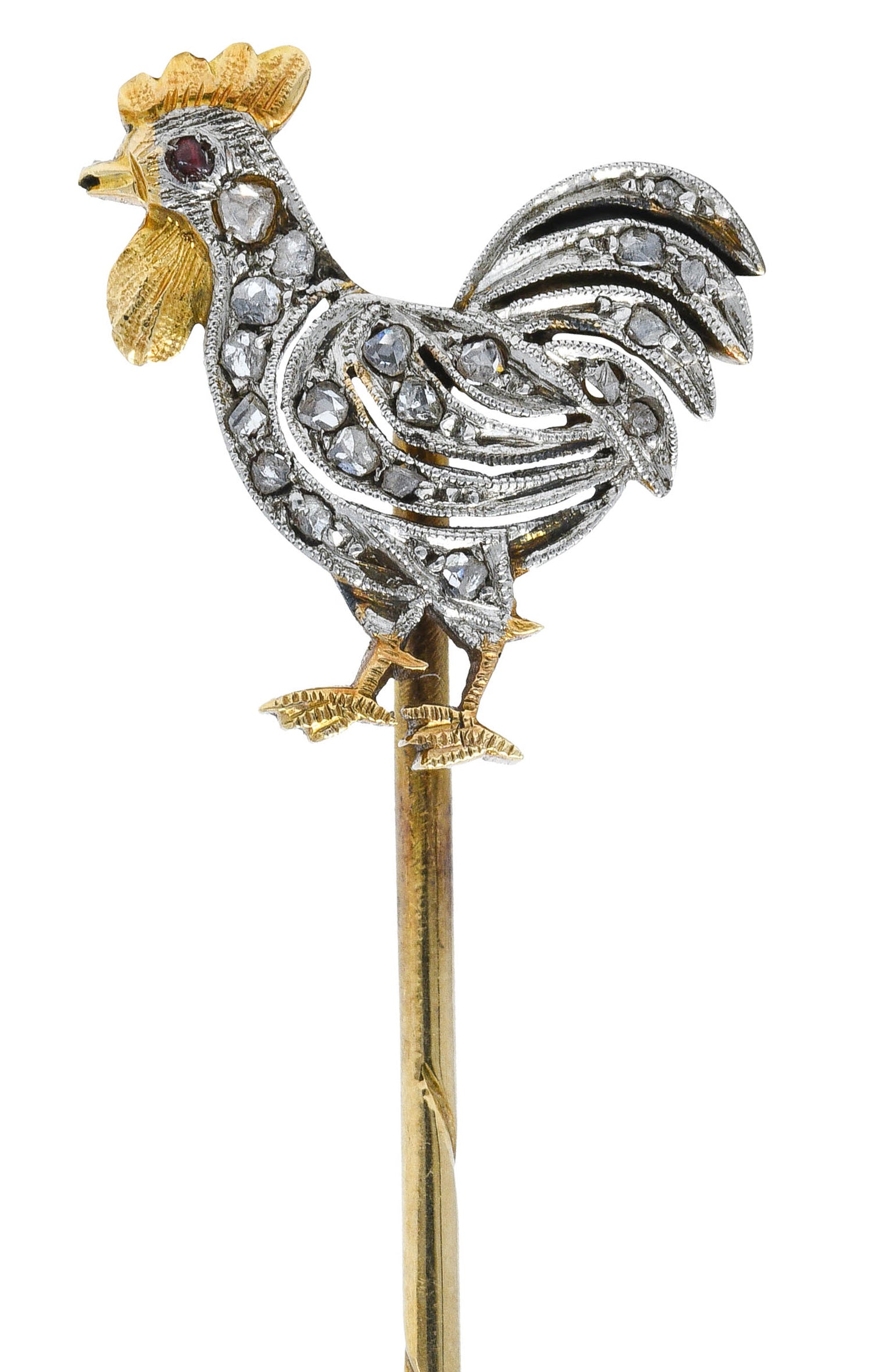 1900 Edwardian Diamond Platinum-Topped 14K Gold Rooster StickpinStick Pin - Wilson's Estate Jewelry