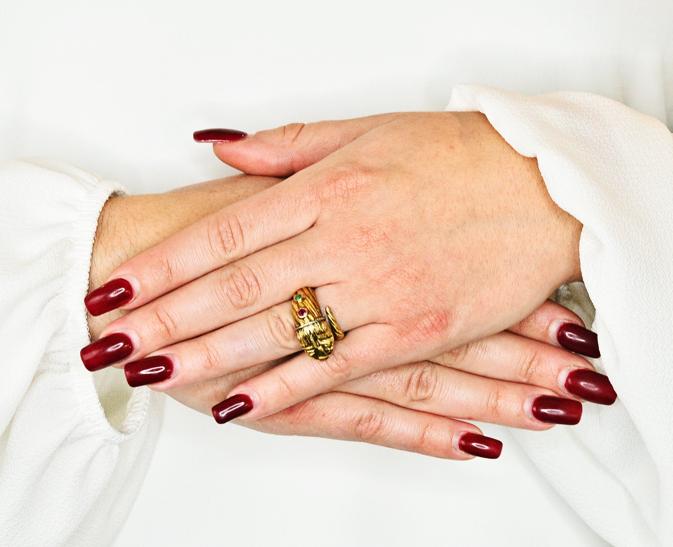 Vintage Lalaounis Ruby Emerald 18 Karat Two-Tone Gold Greek Lion Head Bypass RingRing - Wilson's Estate Jewelry