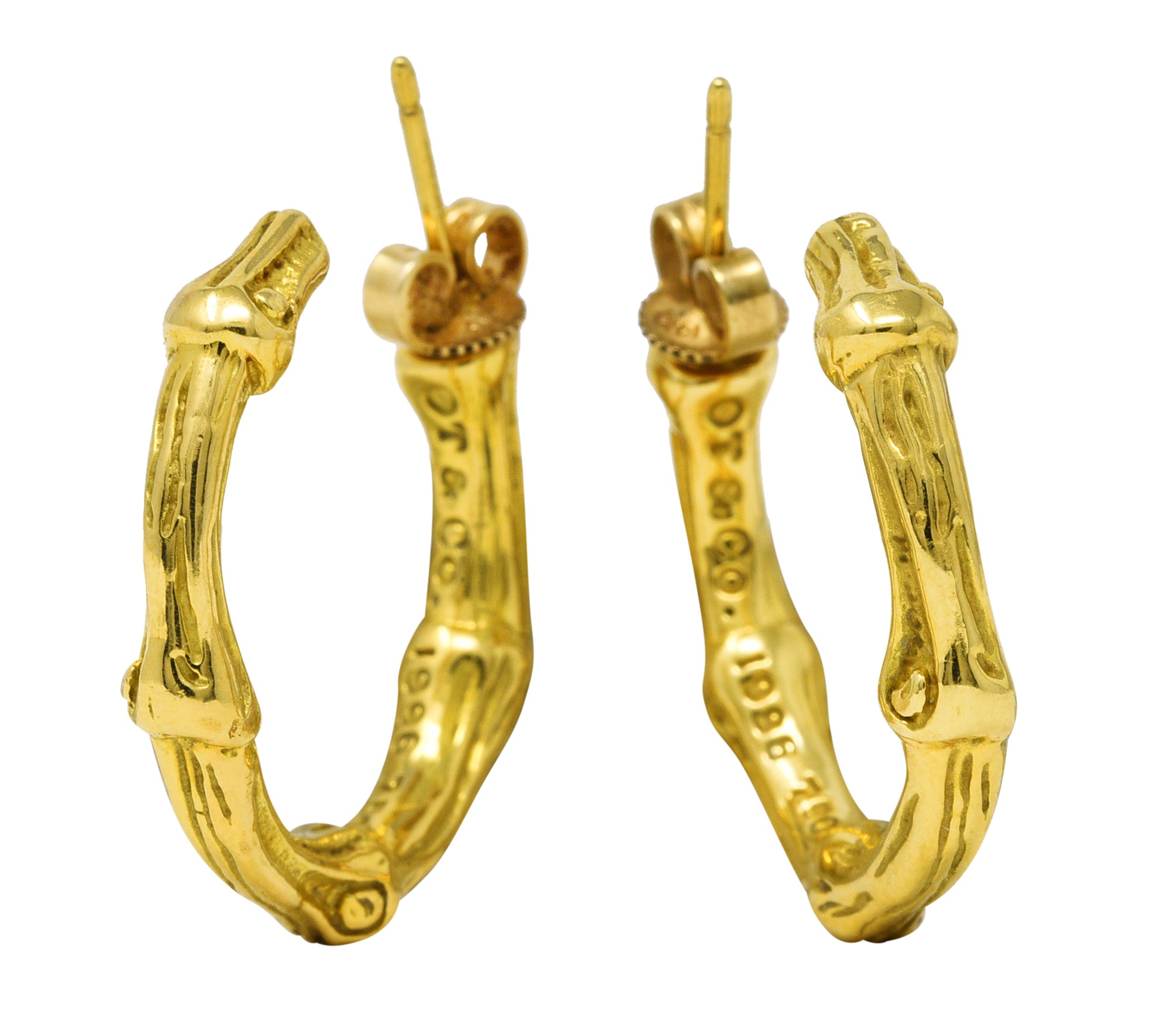 Tiffany & Co. 18 Karat Yellow Gold Bamboo J Hoop Vintage Earrings Wilson's Estate Jewelry