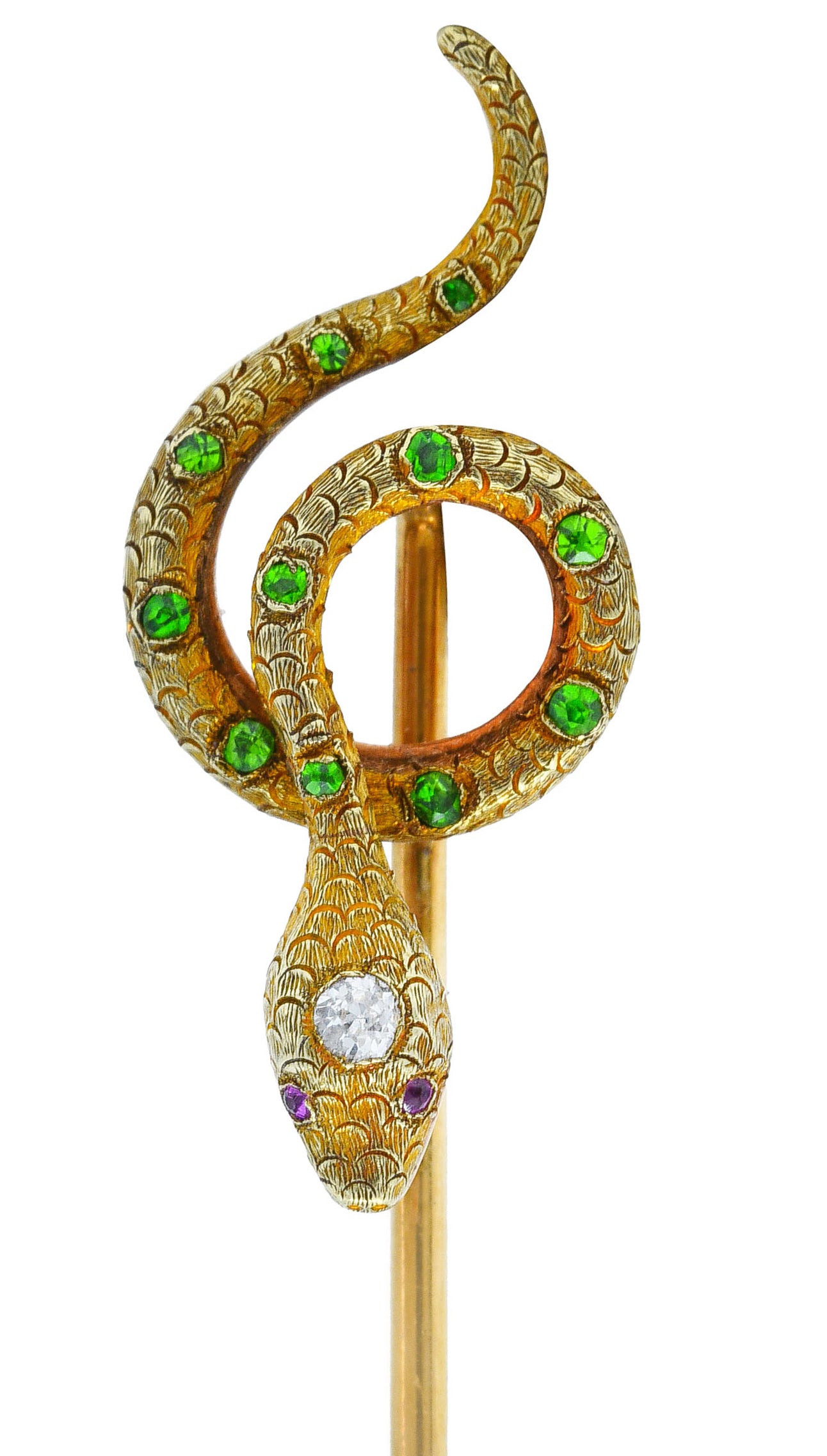 Art Nouveau Diamond Demantoid Garnet 18 Karat Gold Snake StickpinStick Pin - Wilson's Estate Jewelry