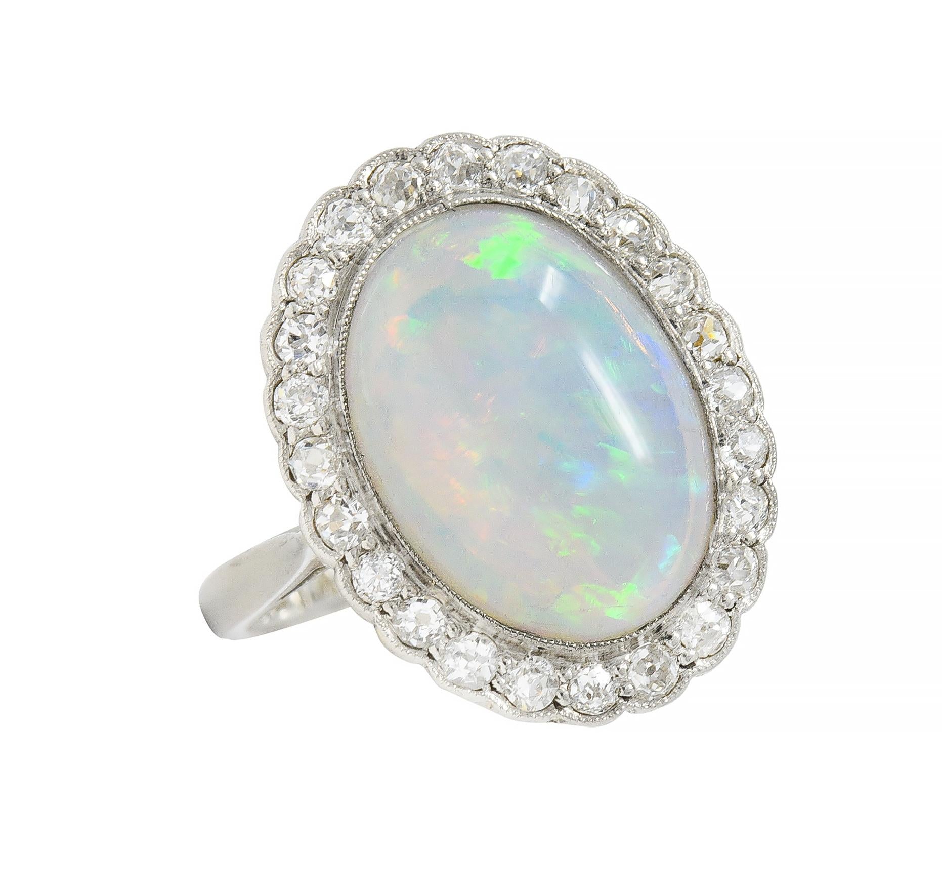 Opal Art Deco Jelly Opal Diamond Platinum 18 Karat Gold Vintage Halo Ring