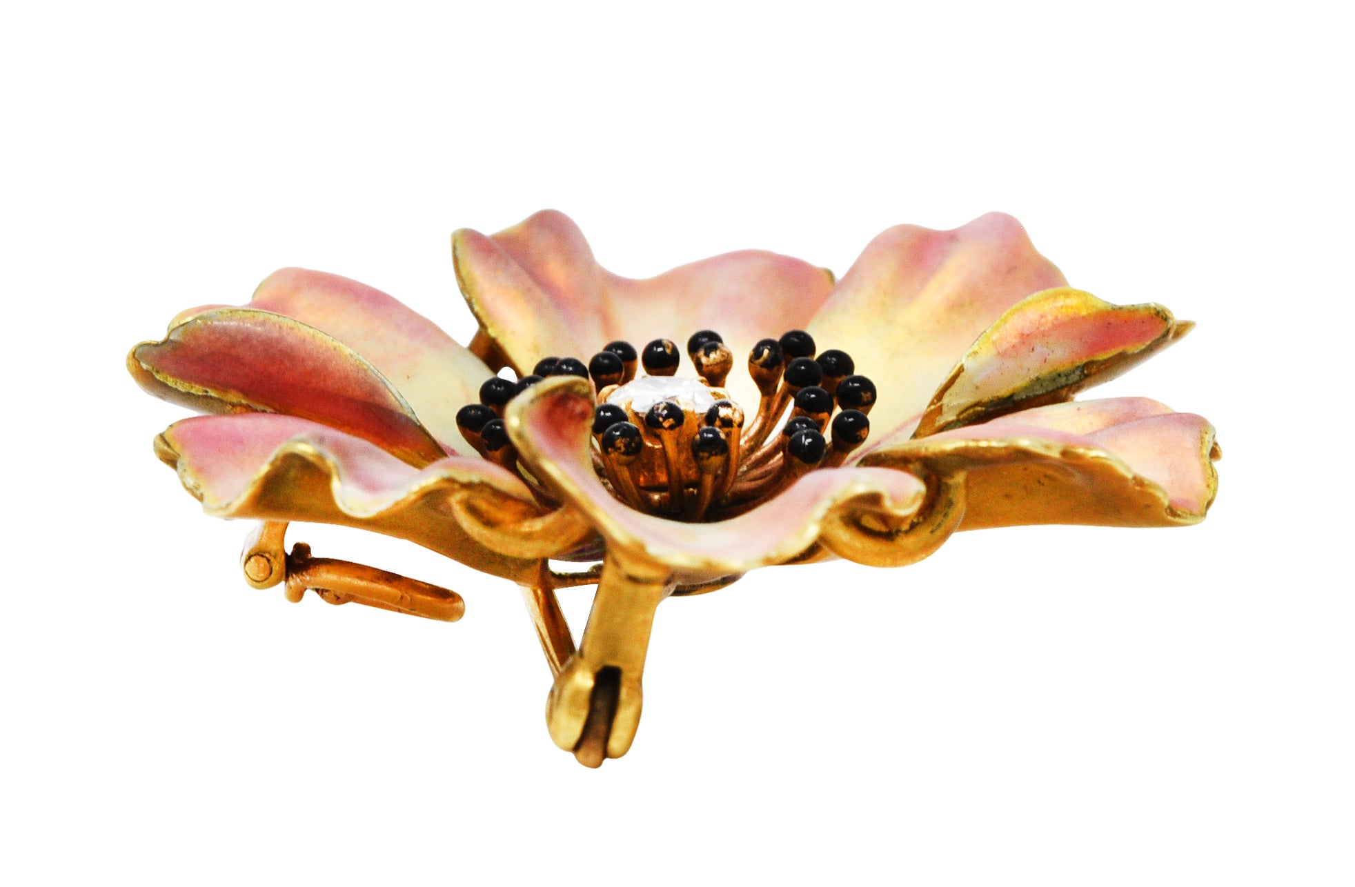 Art Nouveau Old European Cut Diamond Enamel 14 Karat Yellow Gold Poppy Pansy Antique Brooch Wilson's Estate Jewelry