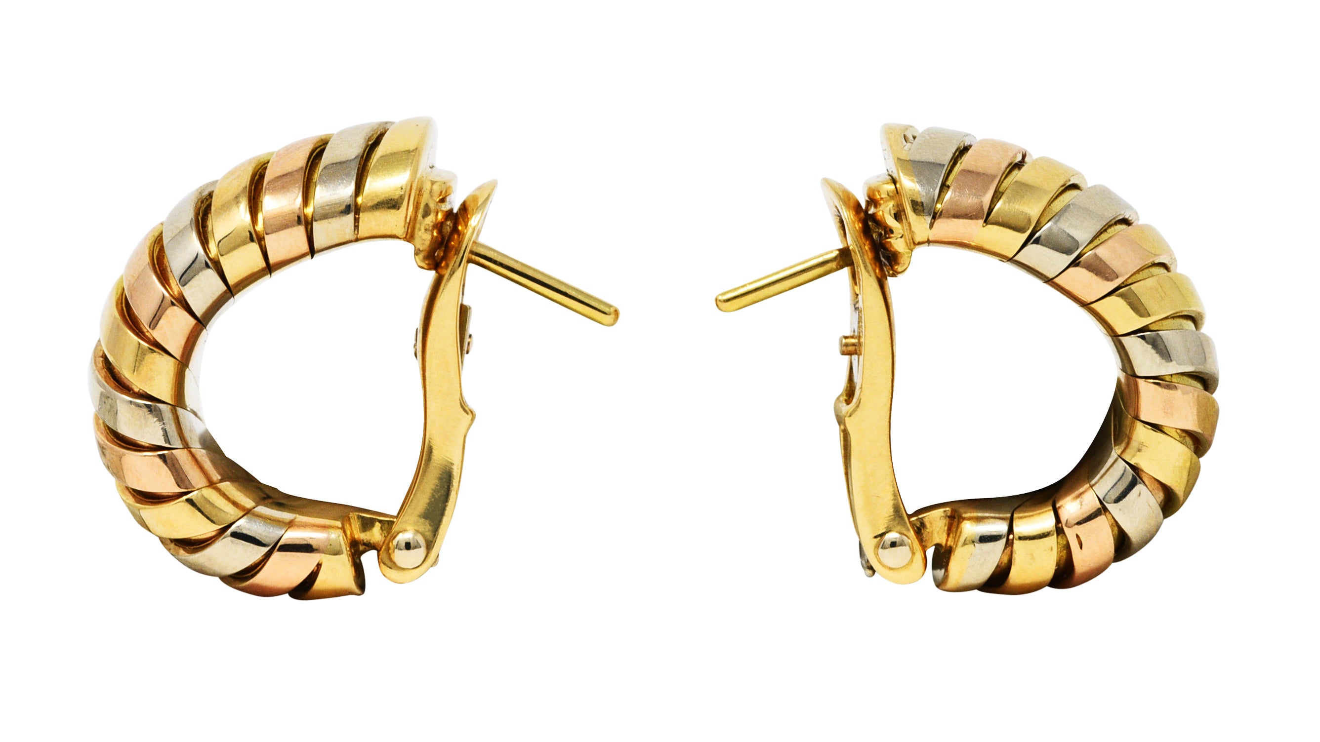 Bulgari 18 Karat Tri-Gold Tubogas J-Hoop Vintage Ear-Clip Earrings Wilson's Estate Jewelry