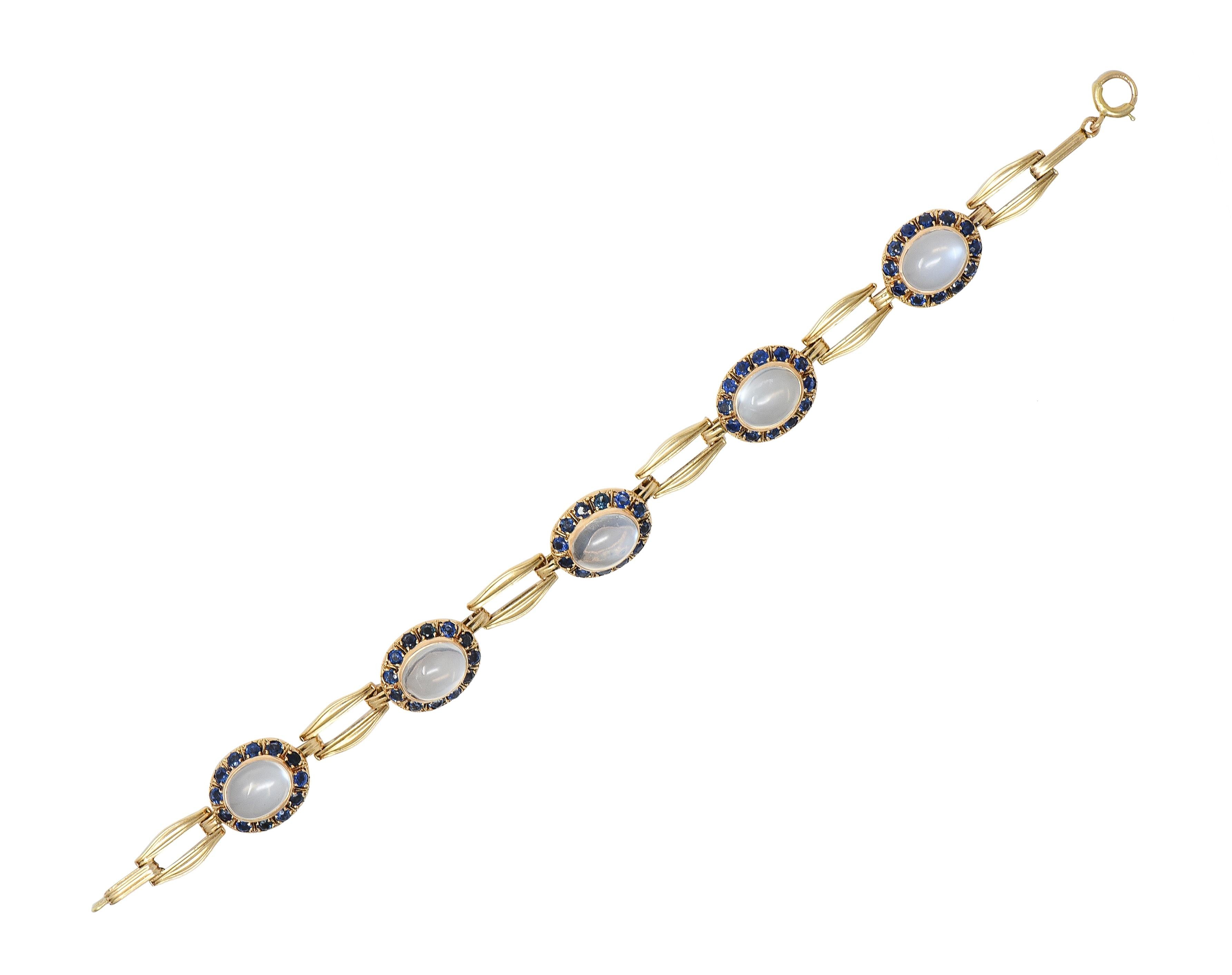 Church & Co. Mid-Century 4.80 CTW Sapphire Moonstone 14 Karat Gold Link Bracelet