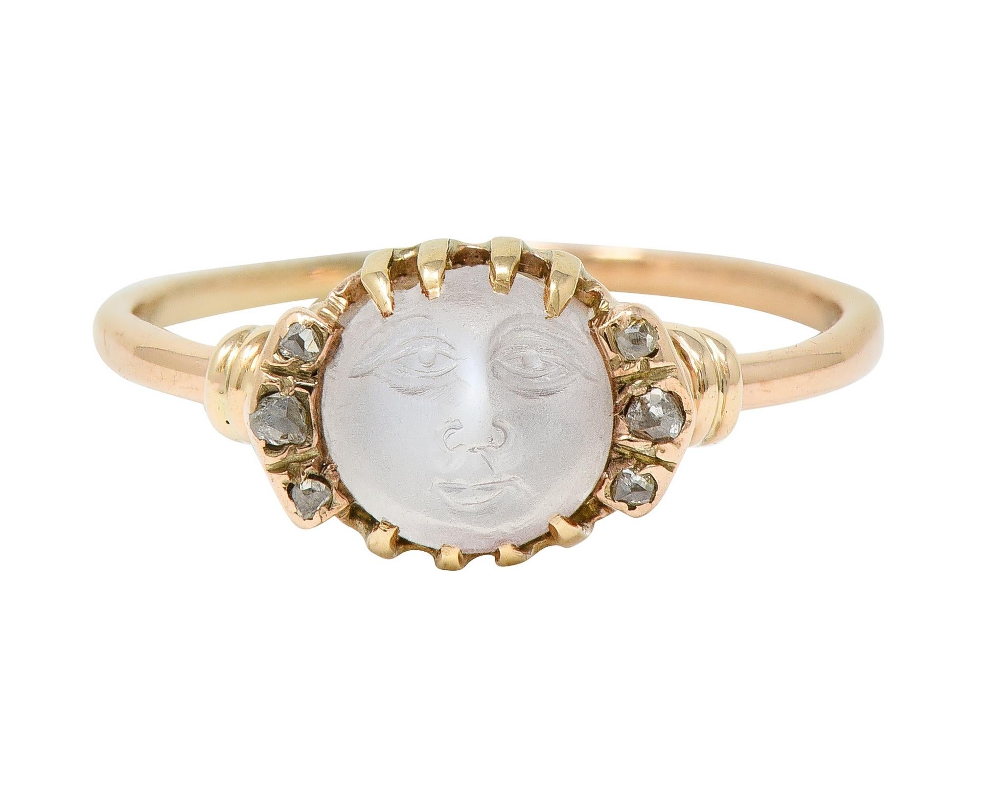 Victorian Moonstone Diamond 14 Karat Yellow Gold Man In The Moon Antique Ring