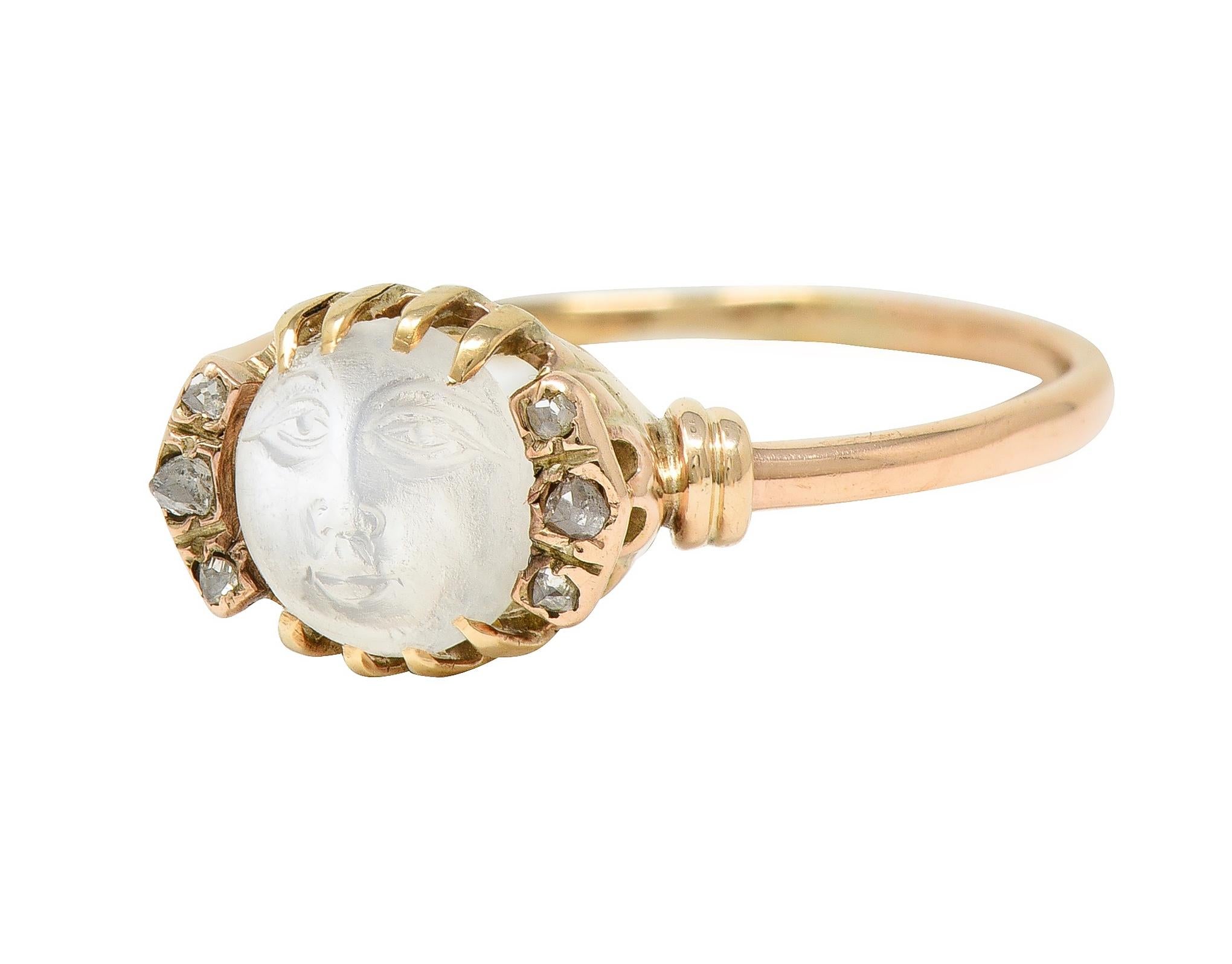 Victorian Moonstone Diamond 14 Karat Yellow Gold Man In The Moon Antique Ring