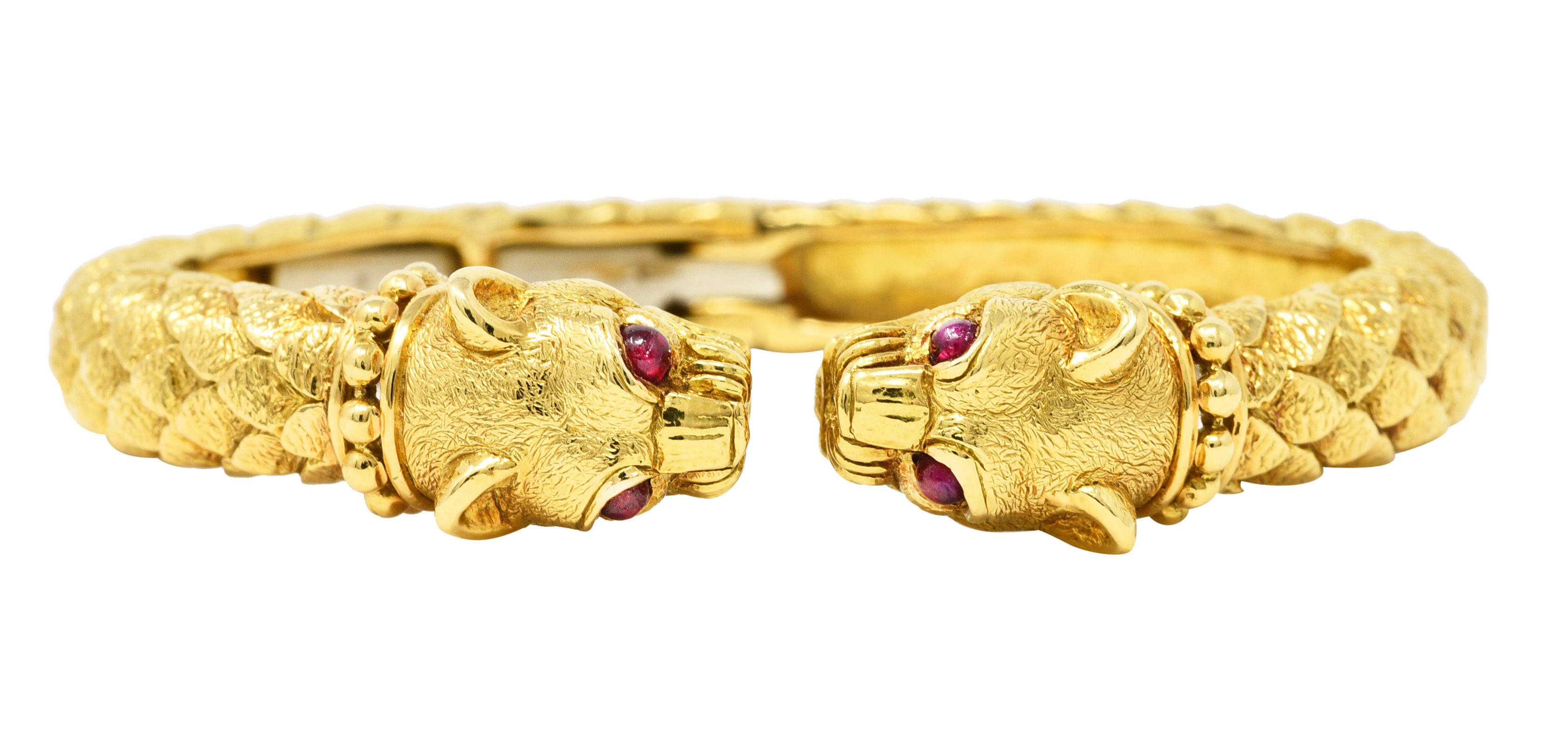 David Webb Ruby 18 Karat Yellow Gold Panther Head Kingdom Cuff Bracelet Wilson's Estate Jewelry