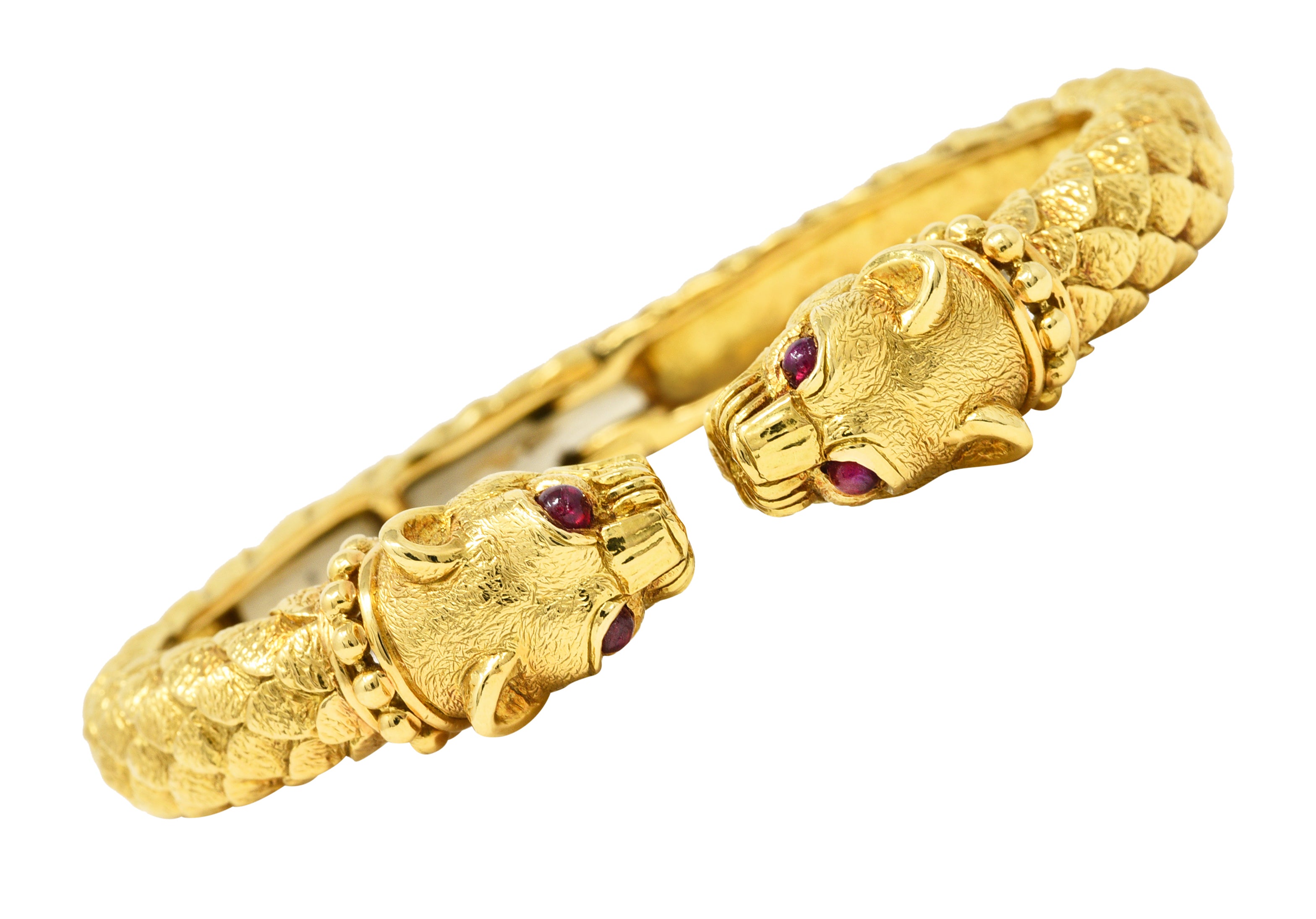 David Webb Ruby 18 Karat Yellow Gold Panther Head Kingdom Cuff Bracelet Wilson's Estate Jewelry