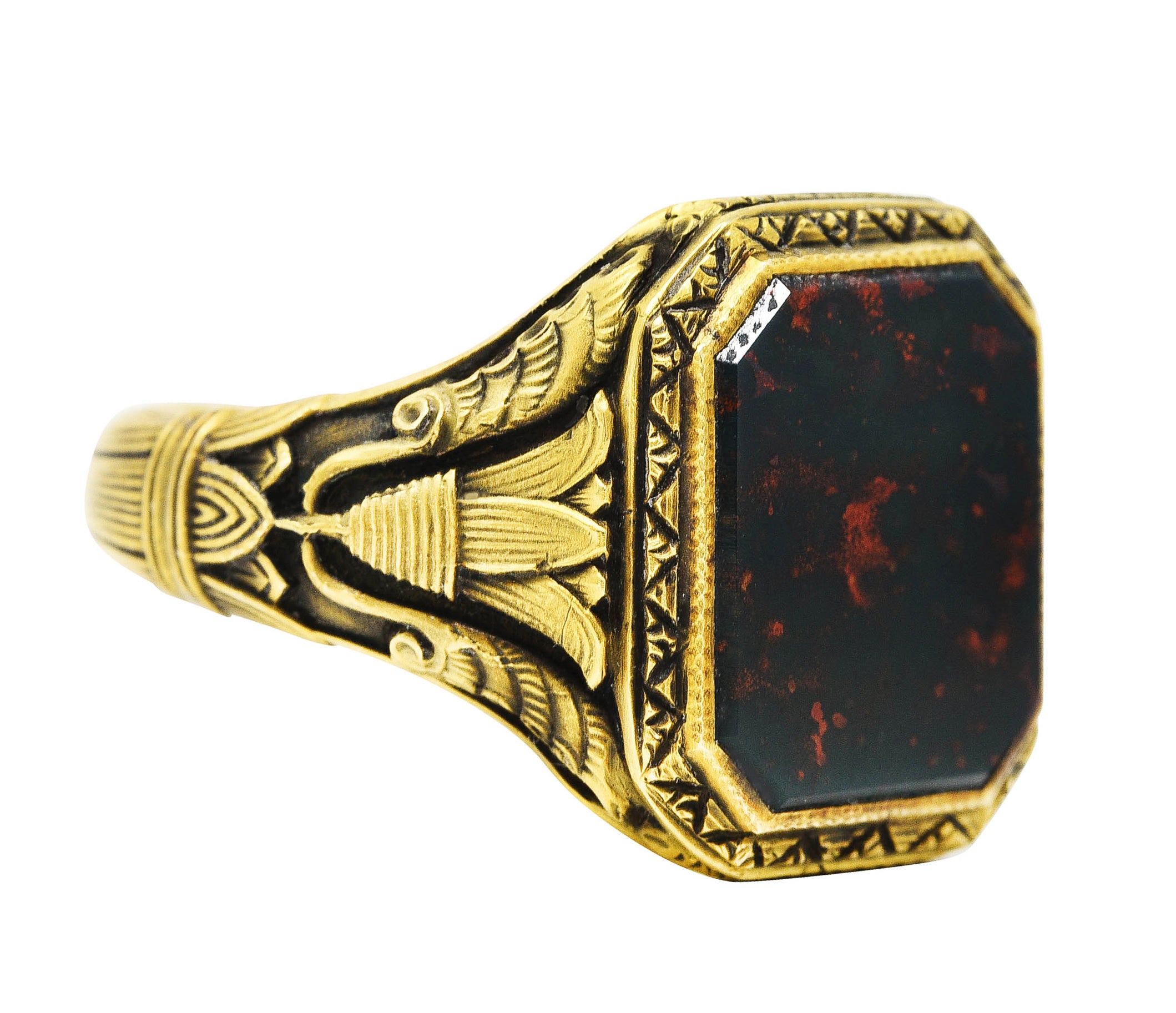 Art Deco 1930's Bloodstone 14 Karat Gold Lotus Unisex Signet RingRing - Wilson's Estate Jewelry