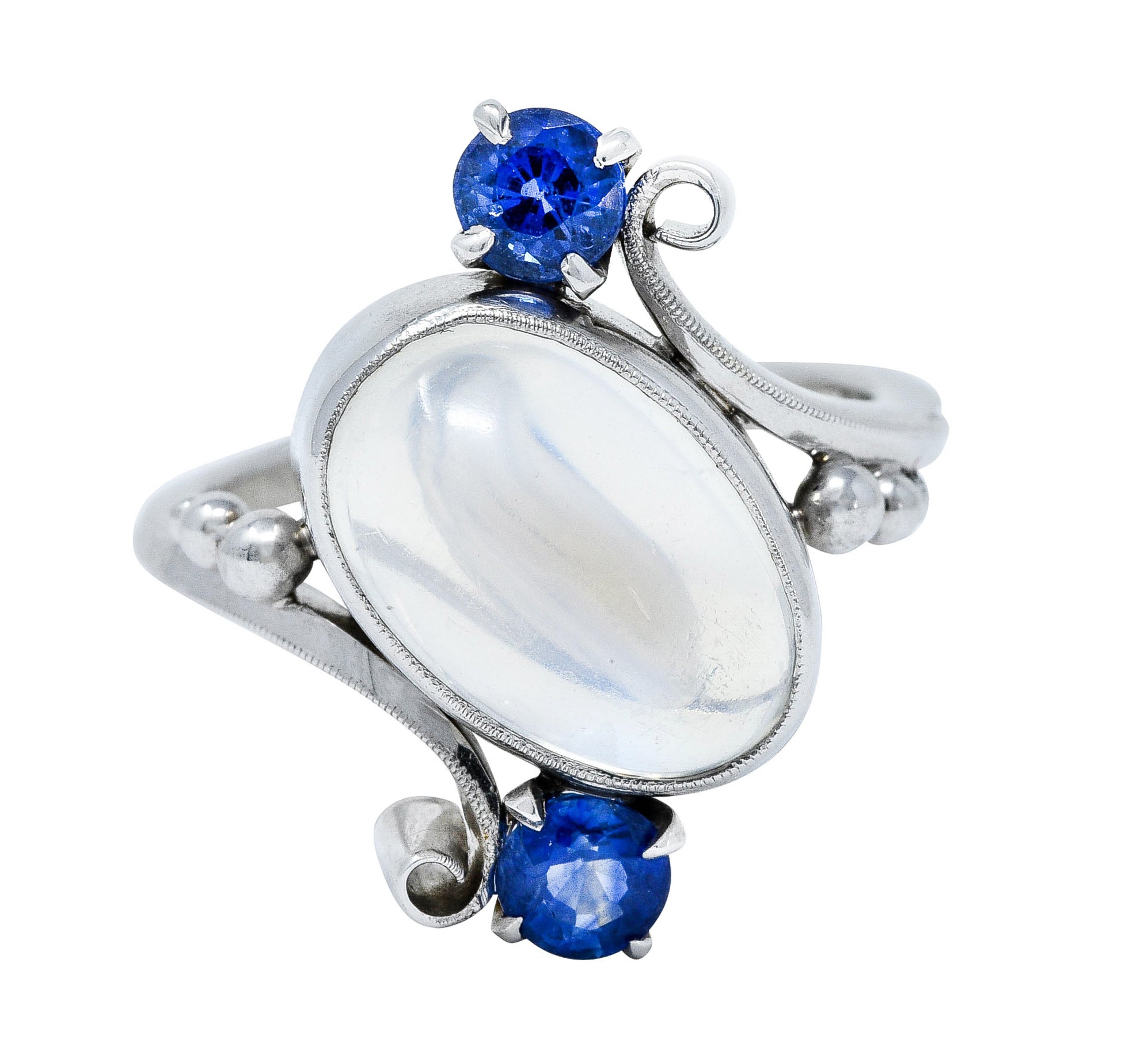 1940's Retro Moonstone Sapphire 14 Karat White Gold Bypass RingRing - Wilson's Estate Jewelry