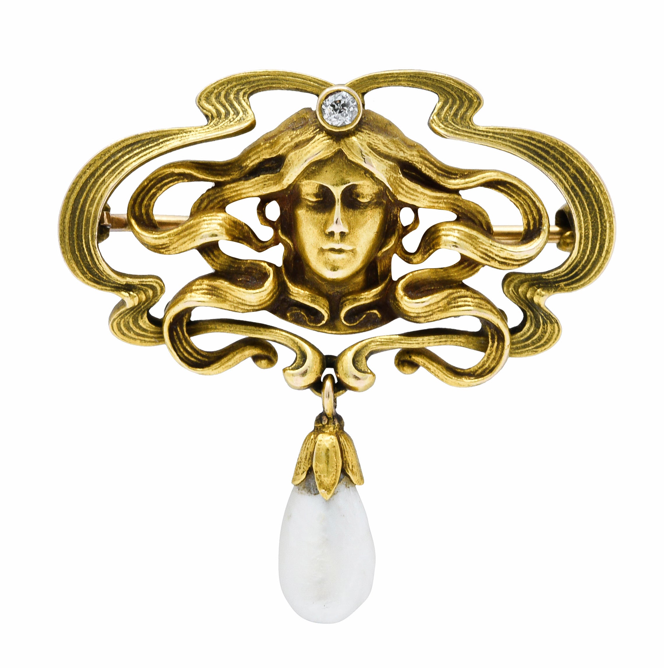 Art Nouveau Diamond Dogtooth Pearl 14 Karat Gold Goddess BroochBrooch - Wilson's Estate Jewelry