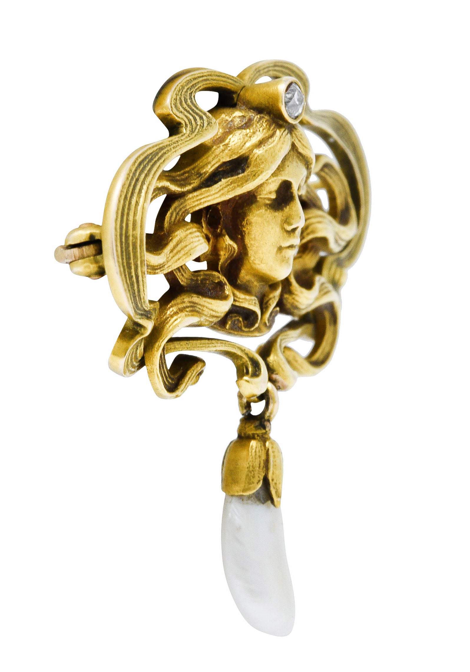 Art Nouveau Diamond Dogtooth Pearl 14 Karat Gold Goddess BroochBrooch - Wilson's Estate Jewelry