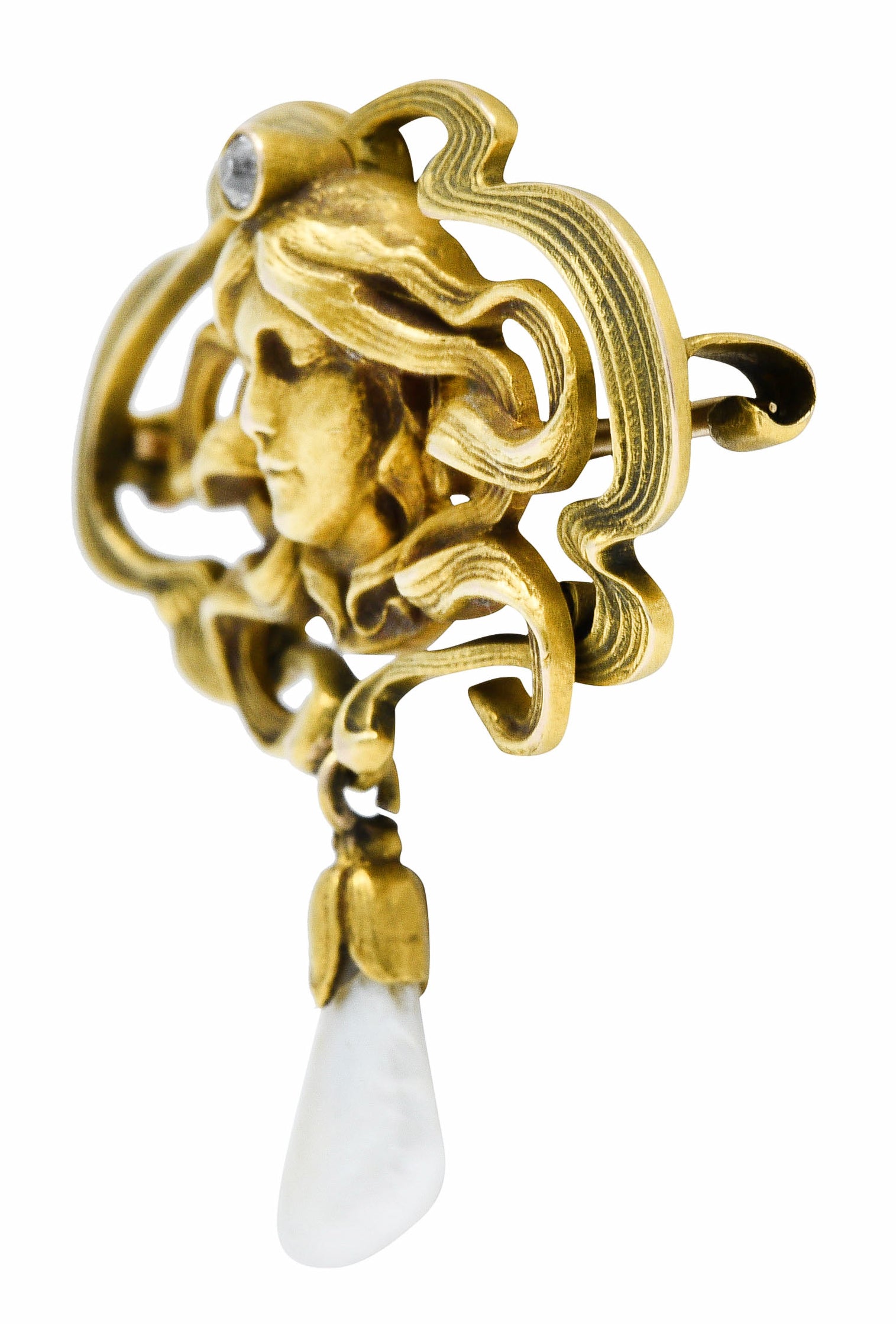 Art Nouveau Diamond Dogtooth Pearl 14 Karat Gold Goddess BroochBrooch - Wilson's Estate Jewelry