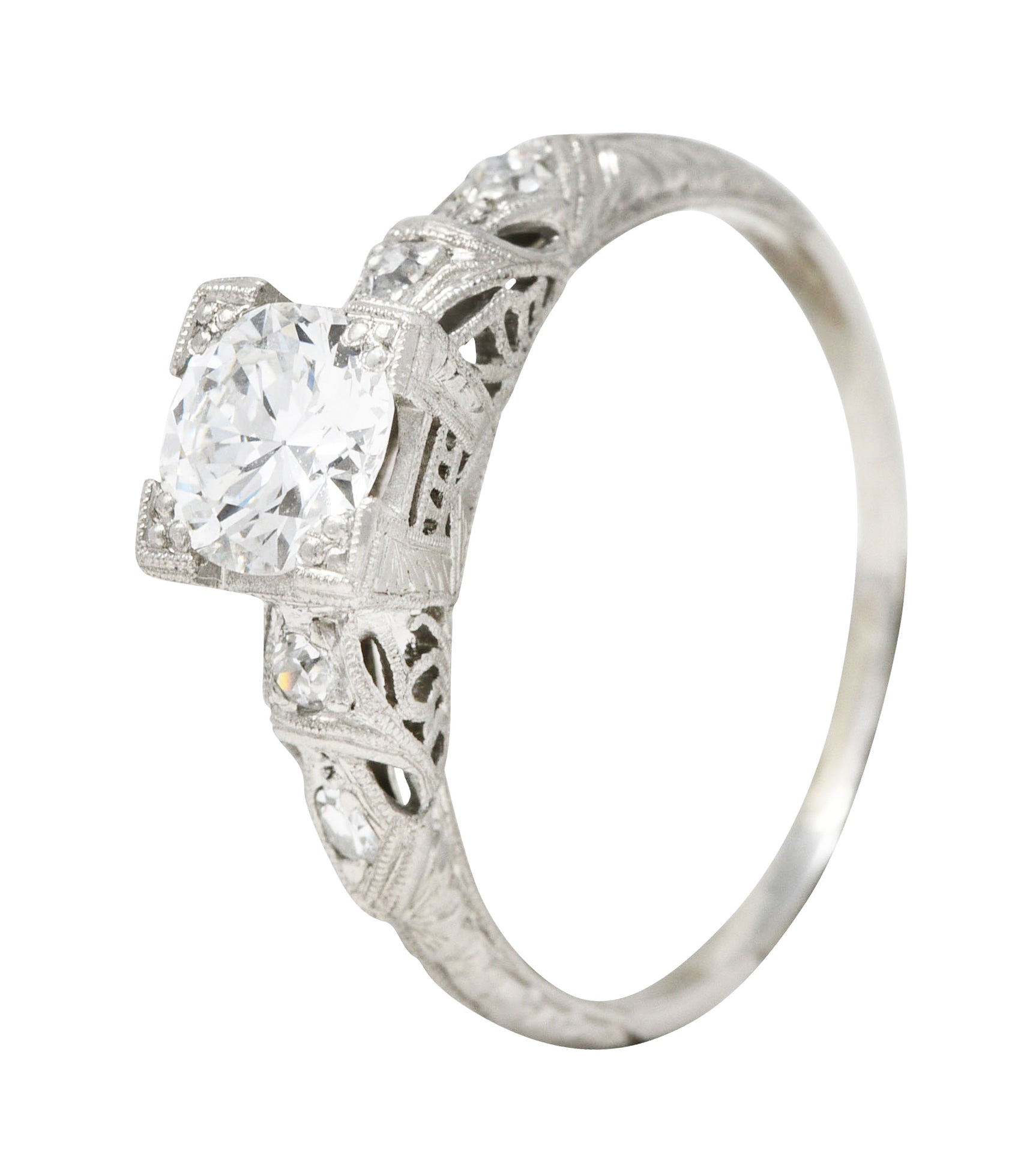 Art Deco Transitional Cut 0.92 CTW Diamond Platinum Square Form Ornate Engagement Ring Wilson's Estate Jewelry