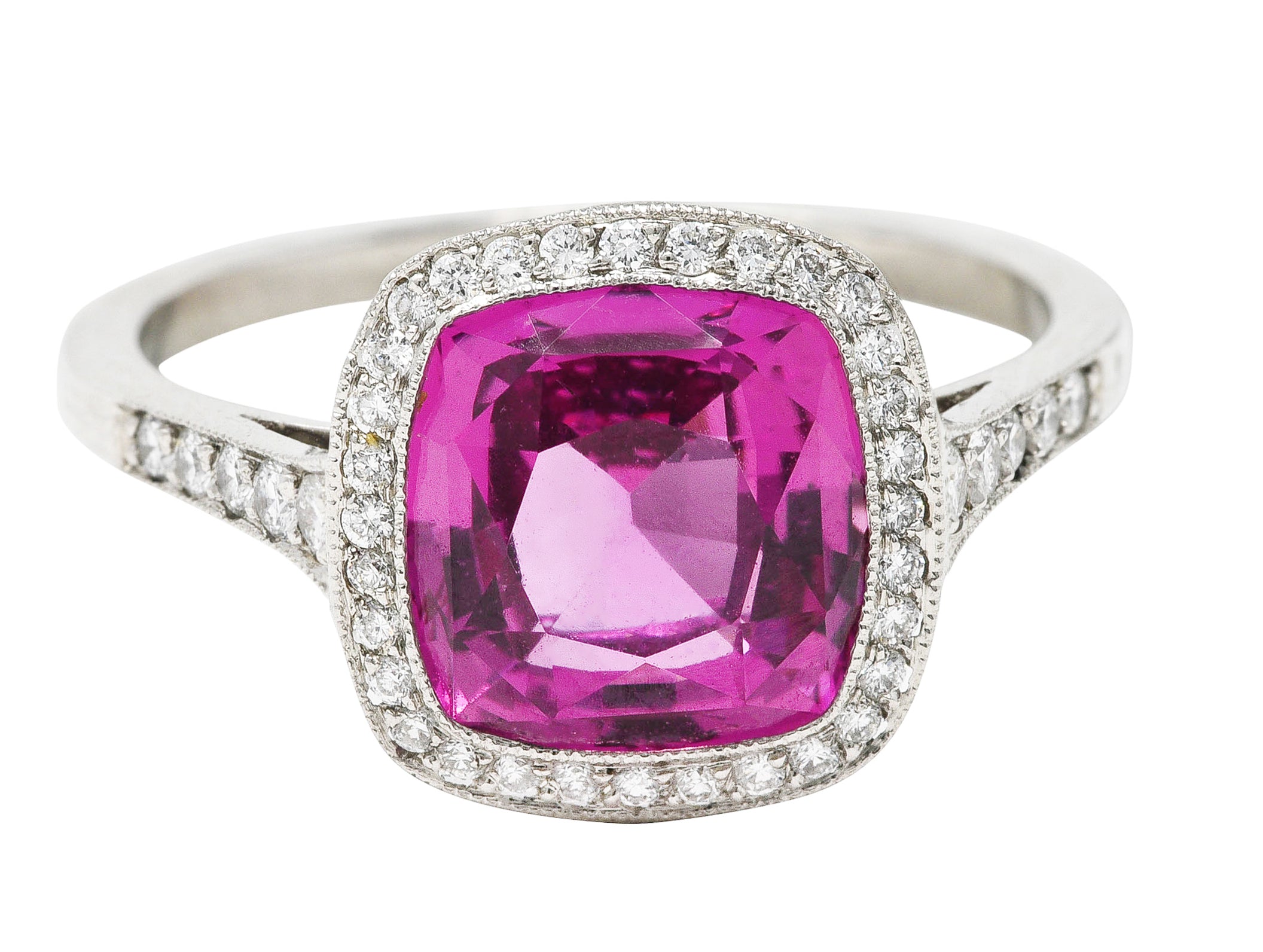 Contemporary 3.60 CTW Pink Sapphire Diamond Platinum Diamond Halo Gemstone Ring GIA Wilson's Estate Jewelry