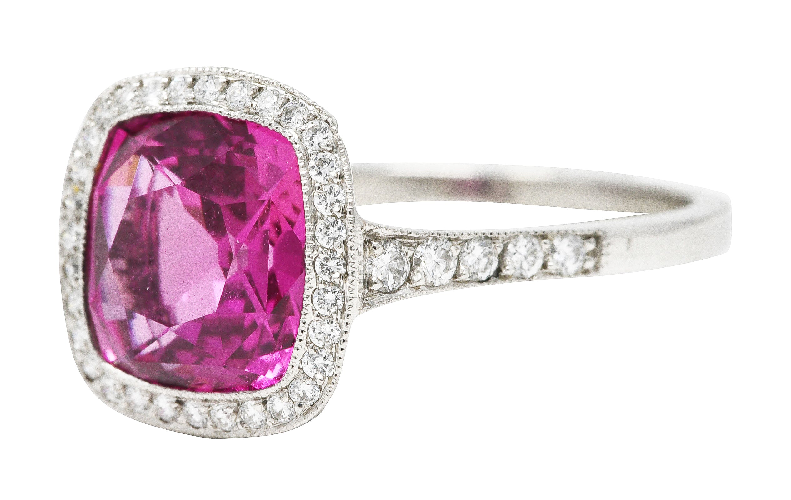 Contemporary 3.60 CTW Pink Sapphire Diamond Platinum Diamond Halo Gemstone Ring GIA Wilson's Estate Jewelry