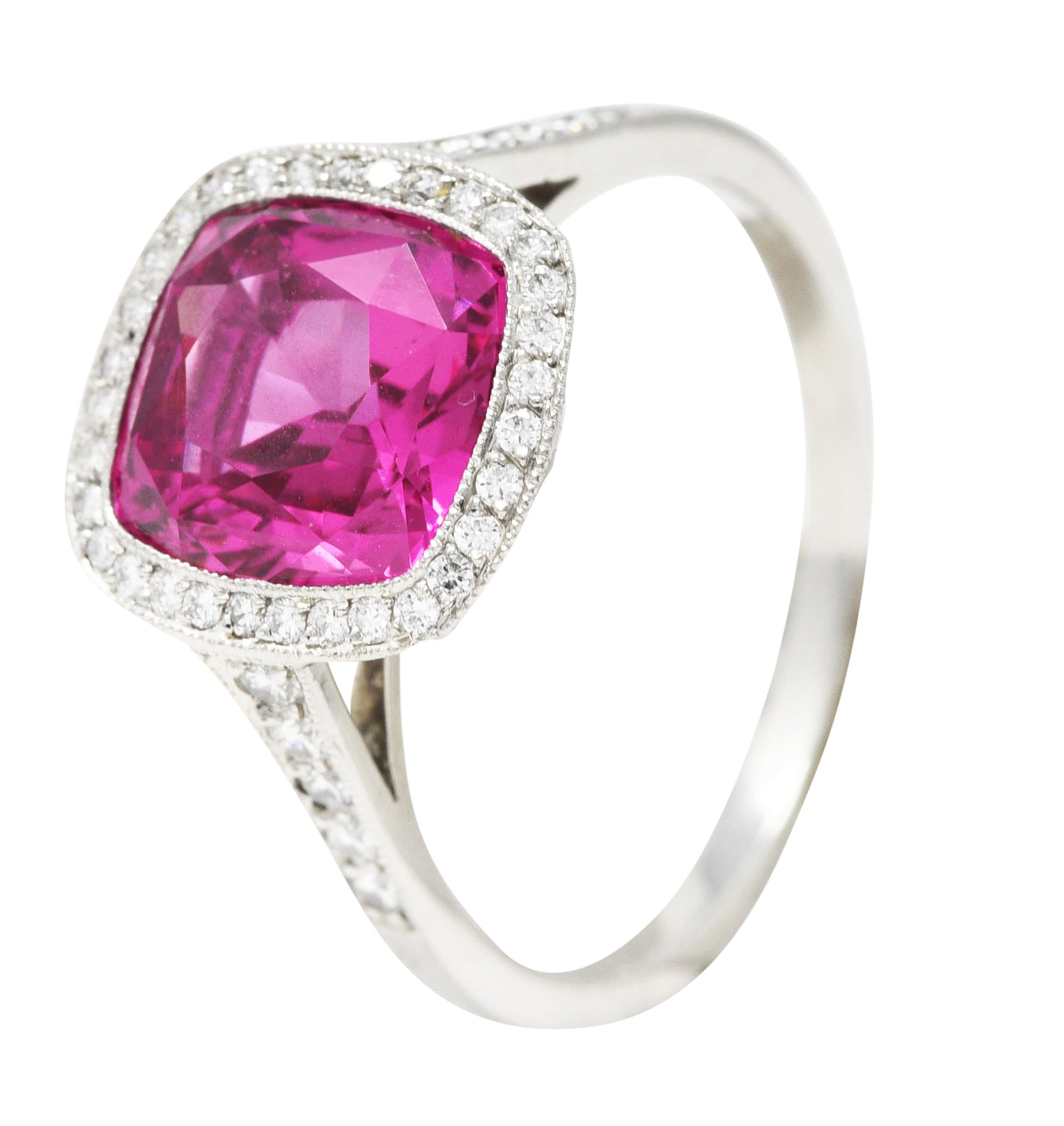 Contemporary 3.60 CTW Pink Sapphire Diamond Platinum Diamond Halo Gemstone Ring GIA Wilson's Estate Jewelry