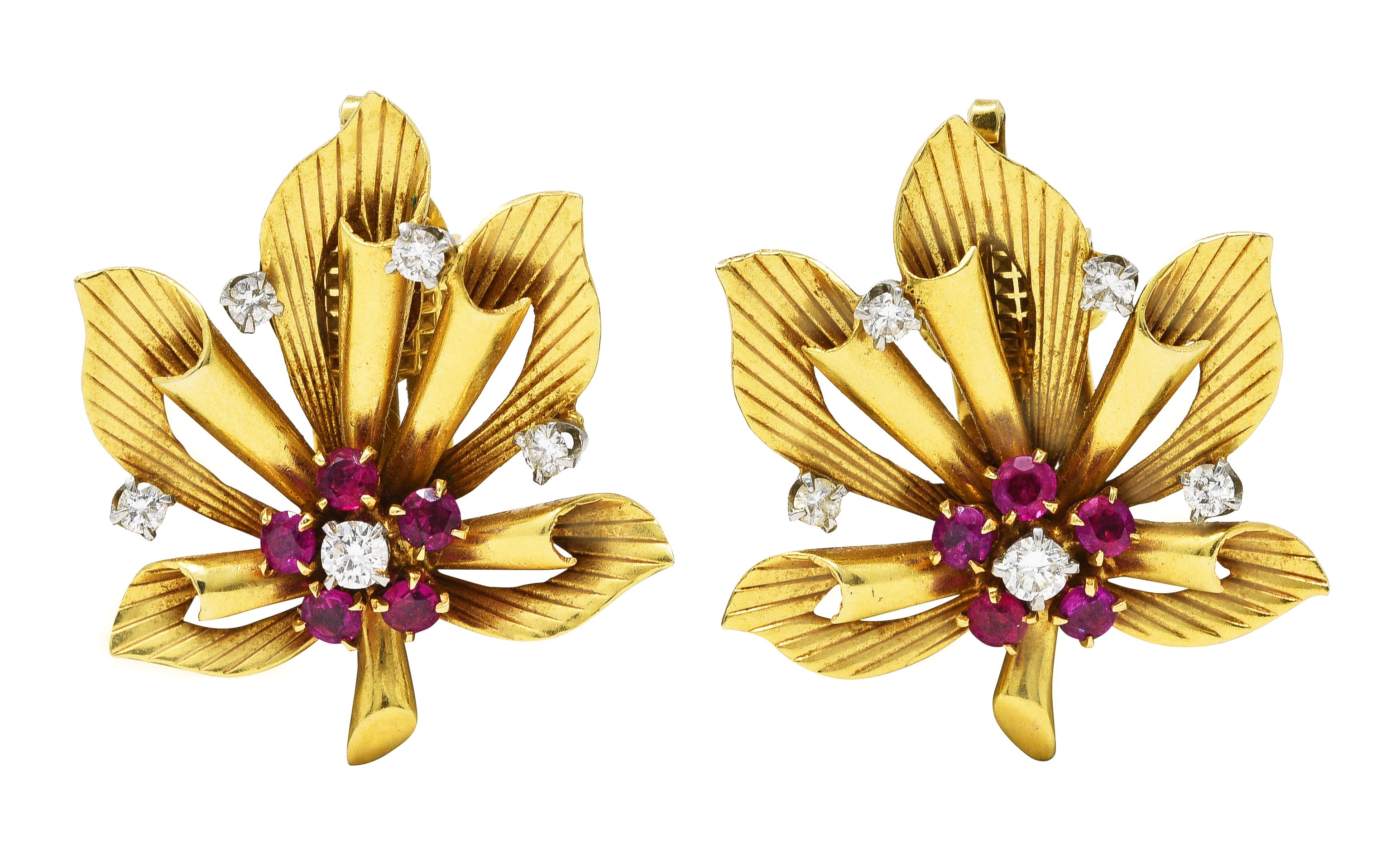 1954 Mid-Century Ruby Diamond Platinum 14 Karat Yellow Gold Leafy Vintage Ear-Clip Earrings Wilson's Estate Jewelry