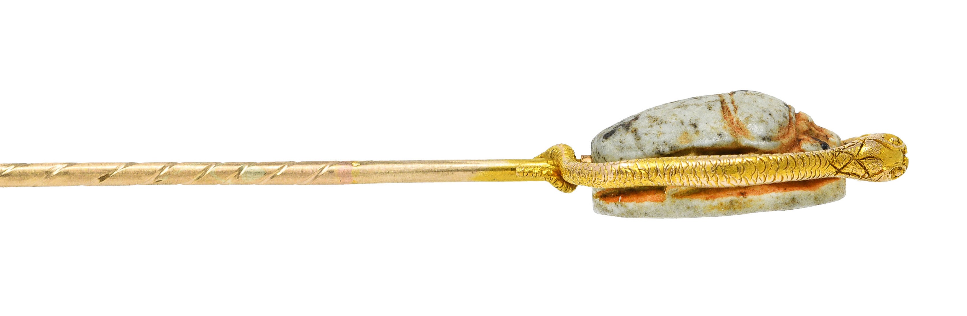 Victorian Egyptian Revival Hardstone 18 Karat Two-Tone Gold Scarab Snake Antique Stickpin Wilson's Estate Jewelry