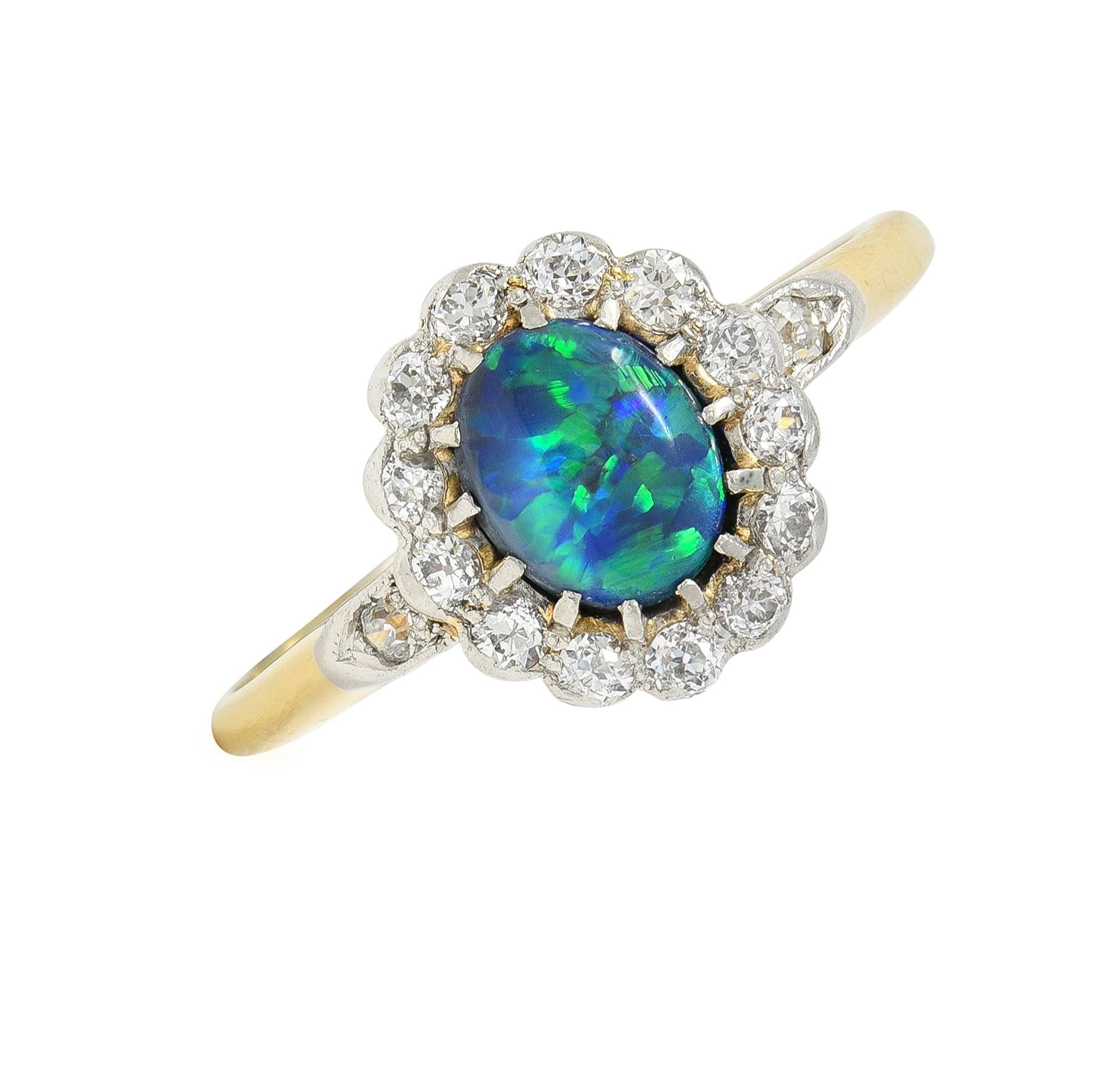 Edwardian 0.42 CTW Opal Diamond Platinum 18 Karat Yellow Gold Antique Halo Ring